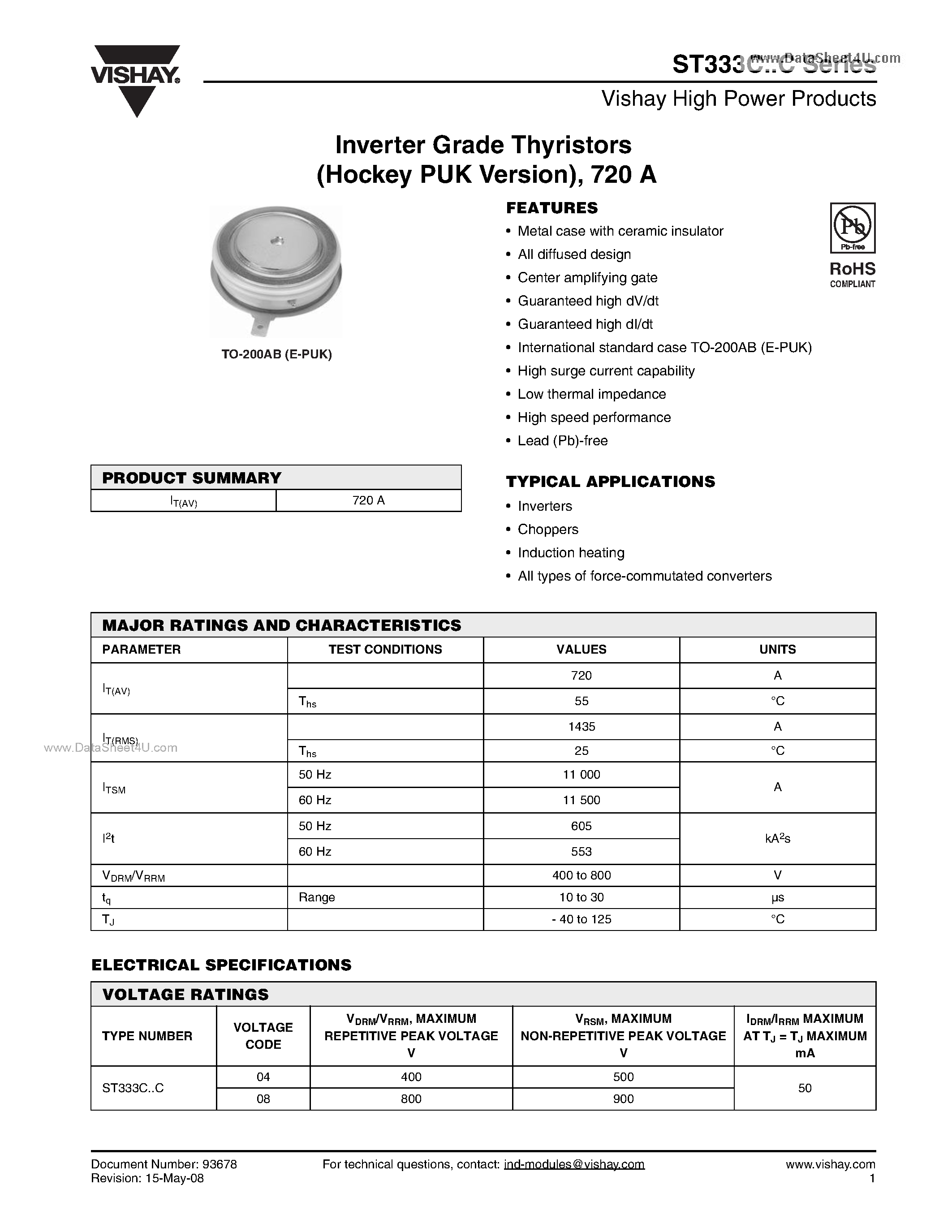 Datasheet ST333C page 1 Datasheet ST333C - Inverter Grade Thyristors page 1
