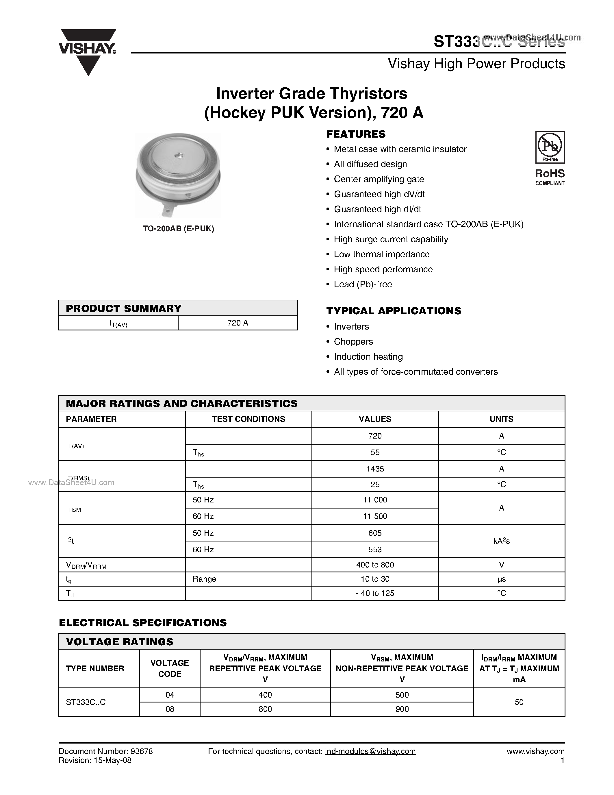 Даташит ST333C - Inverter Grade Thyristors страница 1