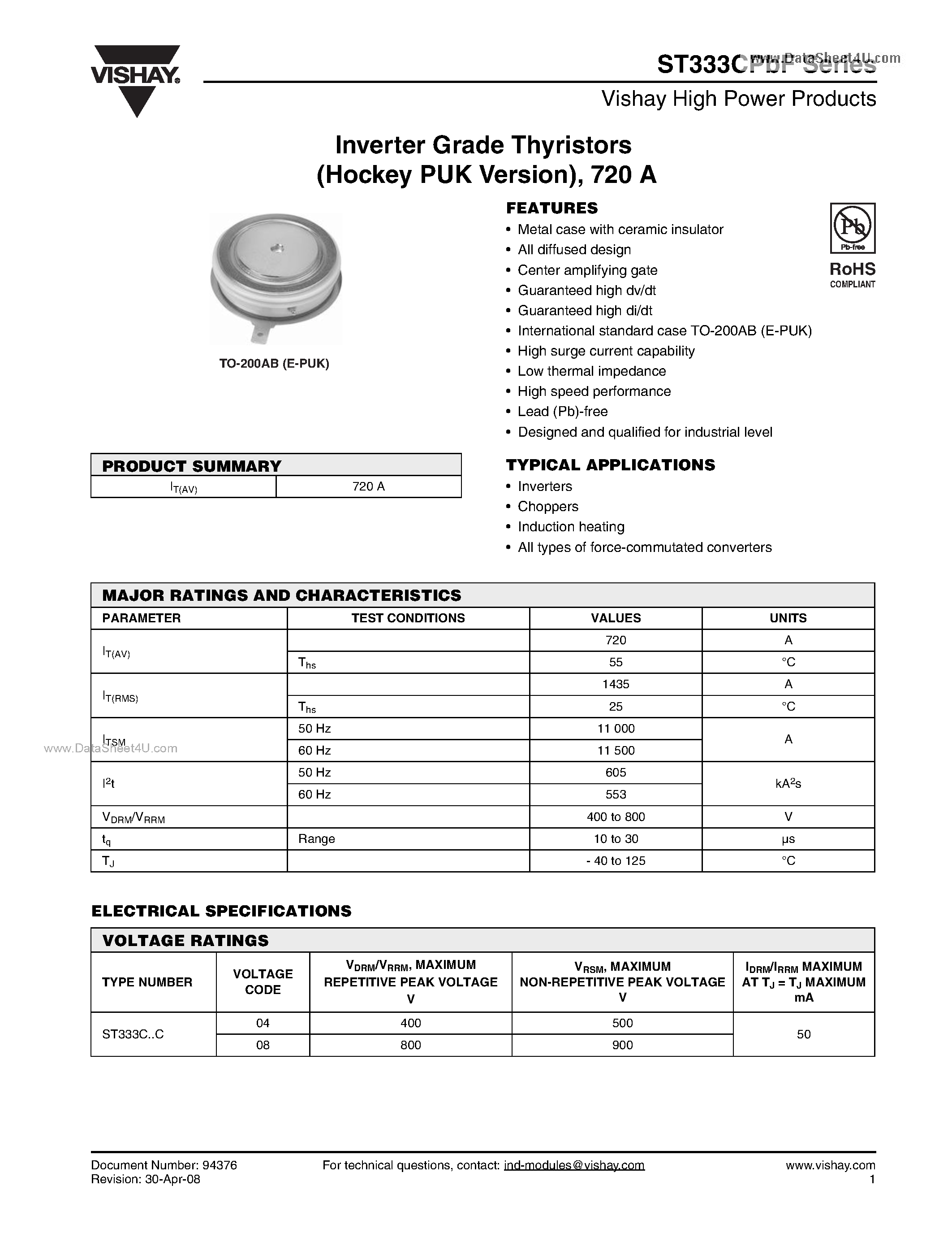Datasheet ST333CPBF page 1 Datasheet ST333CPBF - Inverter Grade Thyristors page 1