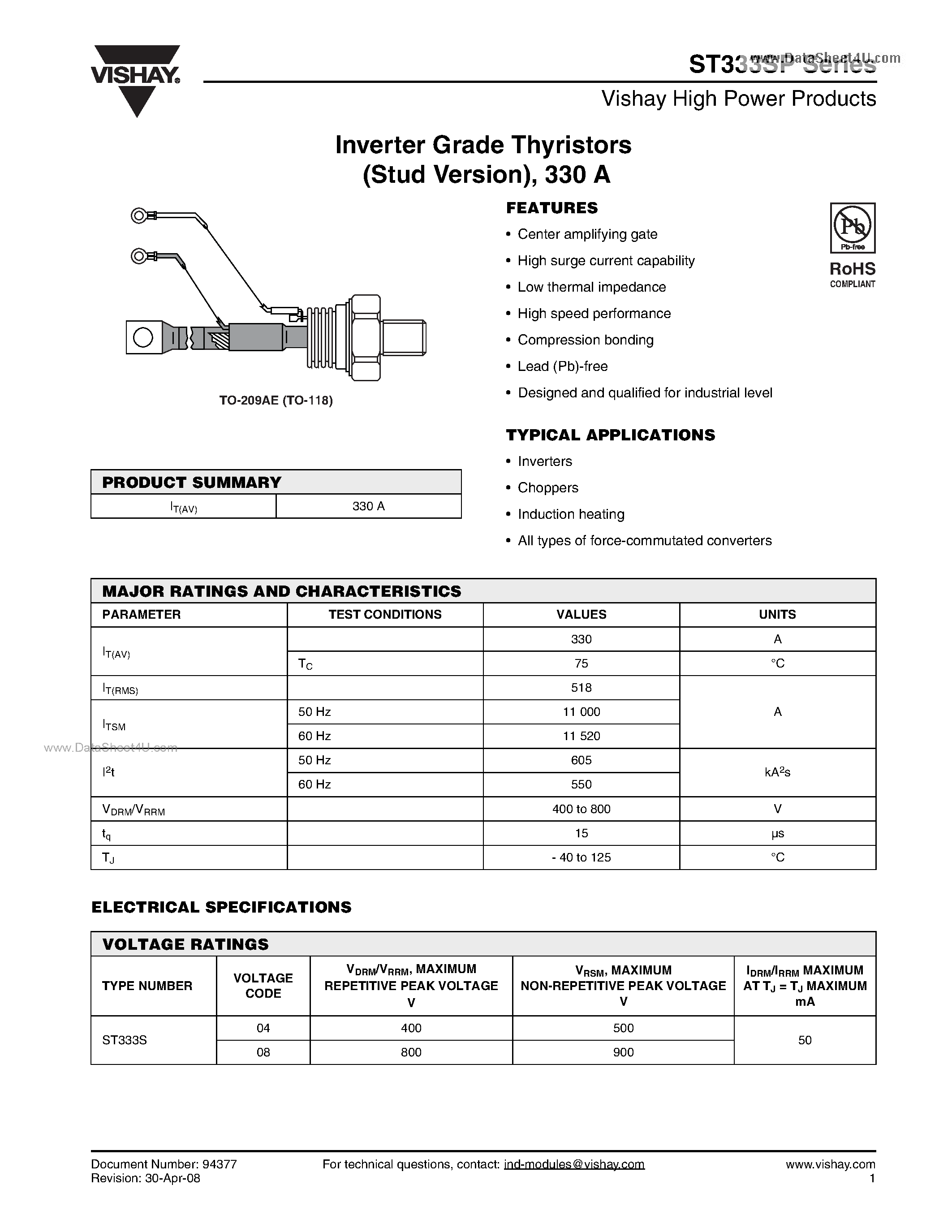 Даташит на микросхему ST333SP страница 1 Даташит ST333SP - Inverter Grade Thyristors страница 1
