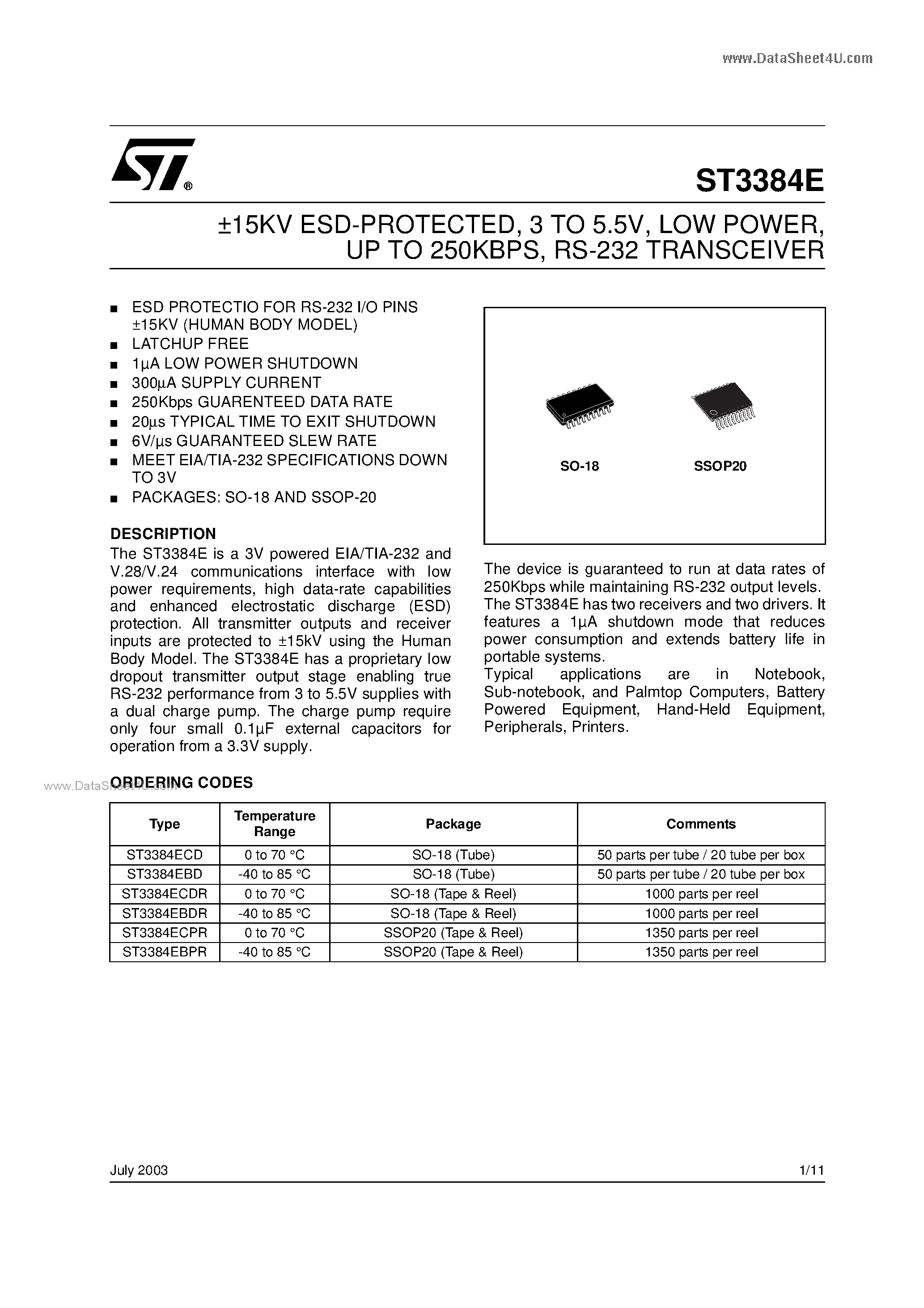 Datasheet ST3384E page 1 Datasheet ST3384E - RS-232 TRANSCEIVER page 1