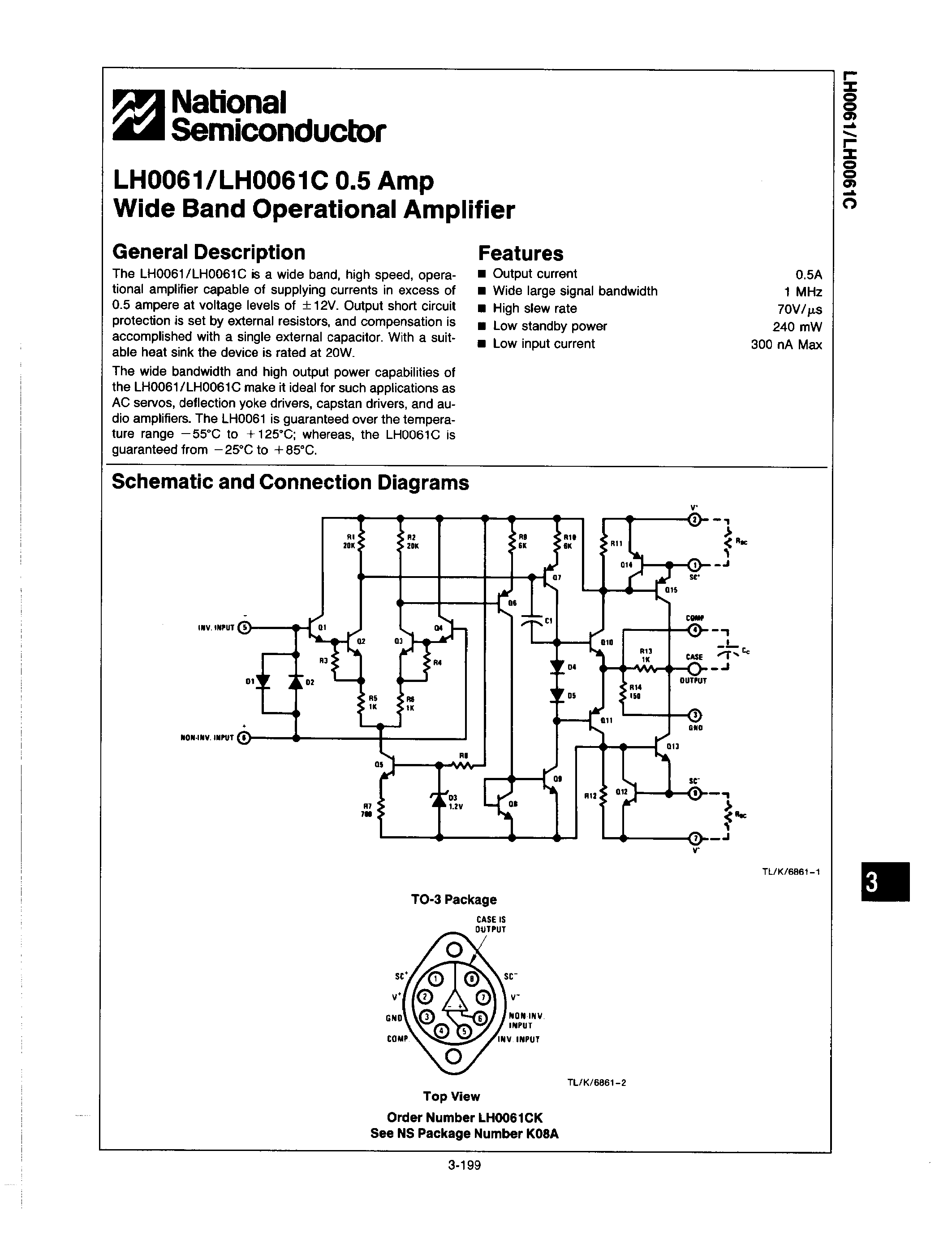Datasheet LH0061C page 1 Datasheet LH0061C - 0.5 AMP WIDE BAND OPERATIONAL AMPLIFIER page 1