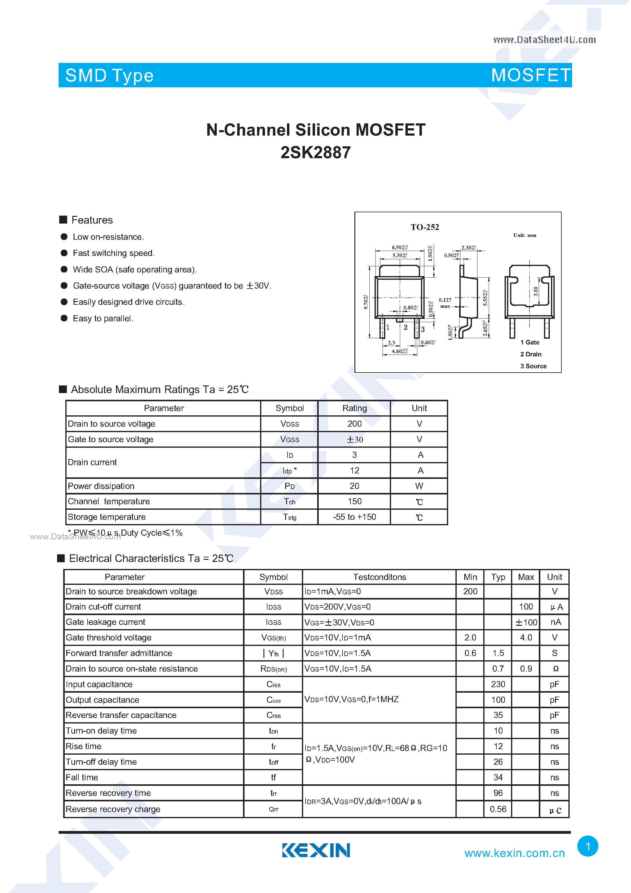 Datasheet 2SK2887 - N-Channel Silicon MOSFET page 1
