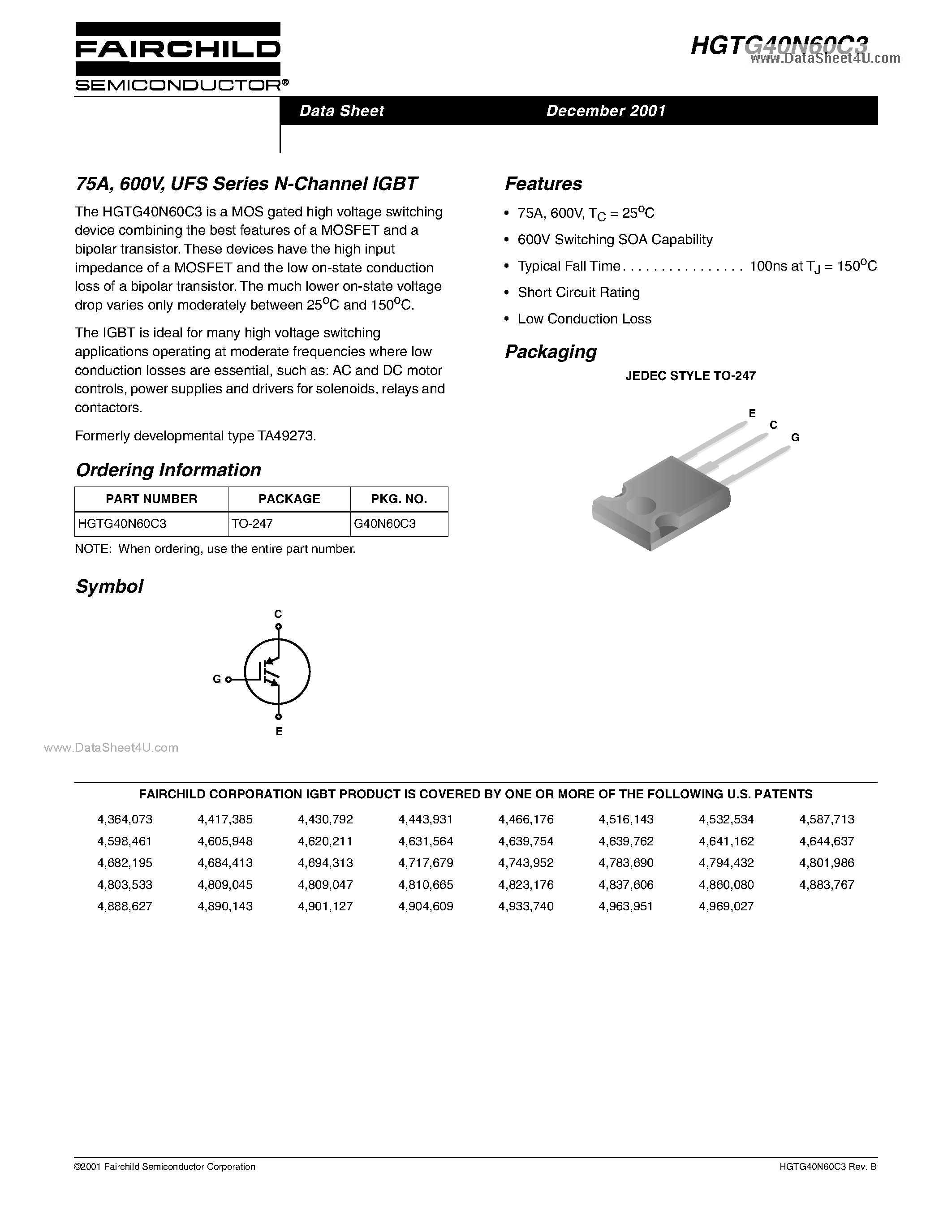 Datasheet HGTG40N60C3 page 1 Datasheet HGTG40N60C3 - UFS Series N-Channel IGBT page 1