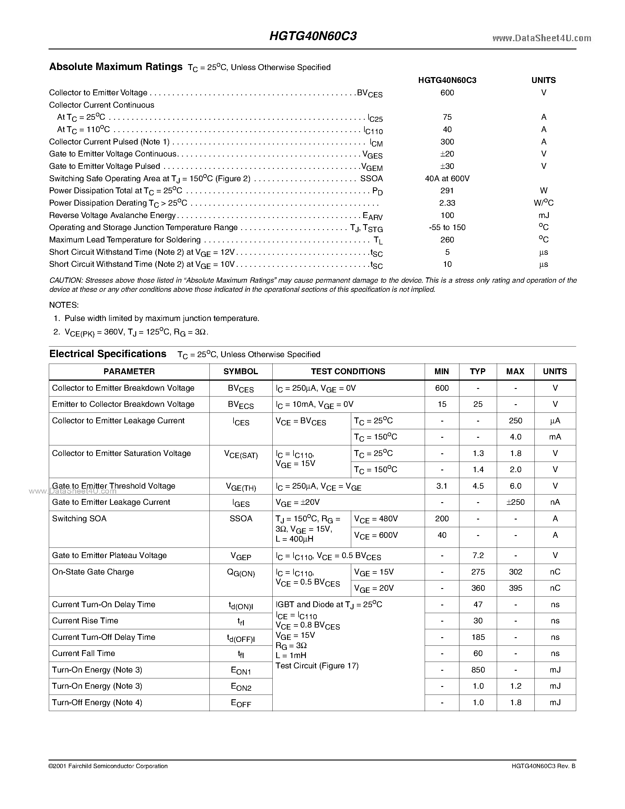 Datasheet HGTG40N60C3 page 2 Datasheet HGTG40N60C3 - UFS Series N-Channel IGBT page 2