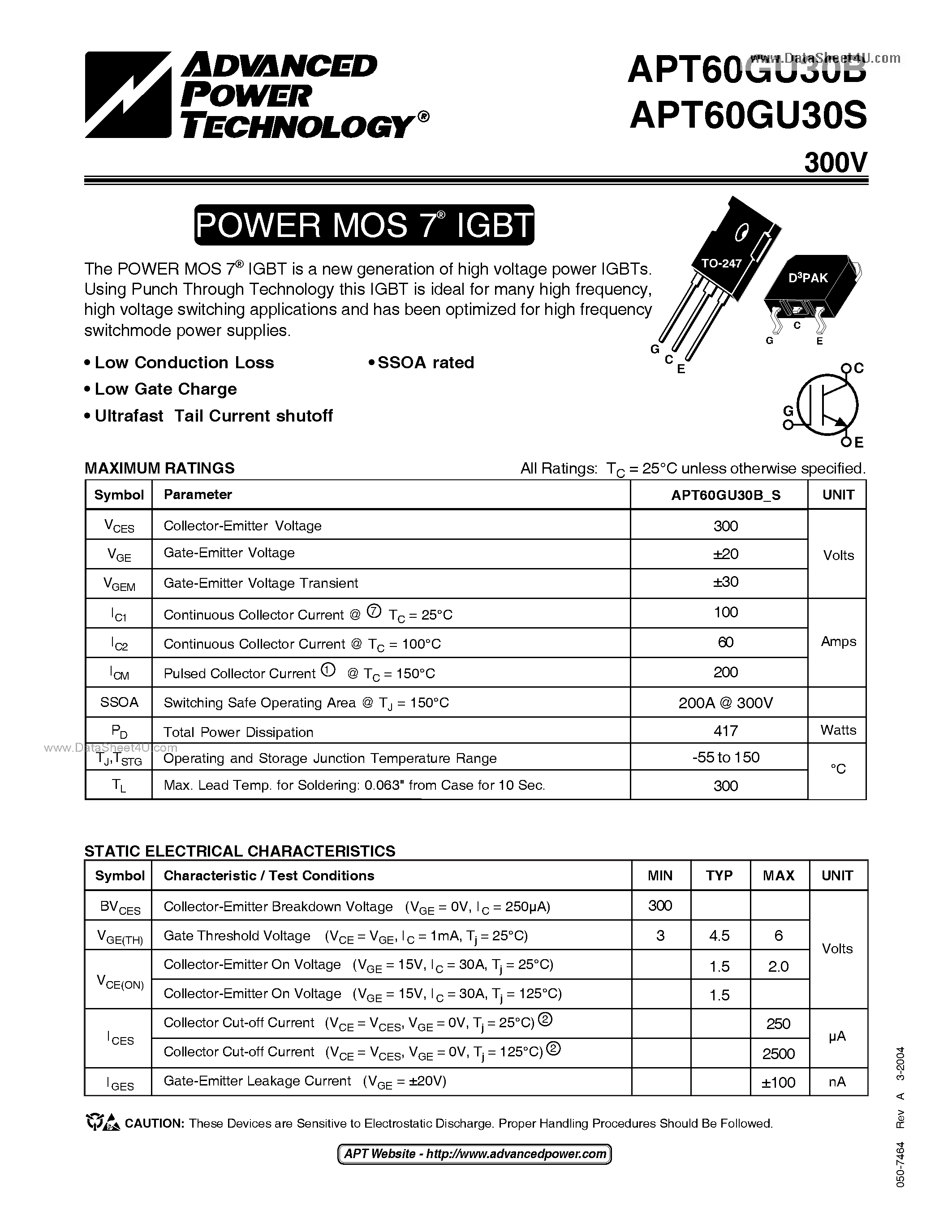 Datasheet APT60GU30B - (APT60GU30B / APT60GU30S) POWER MOS 7 IGBT page 1