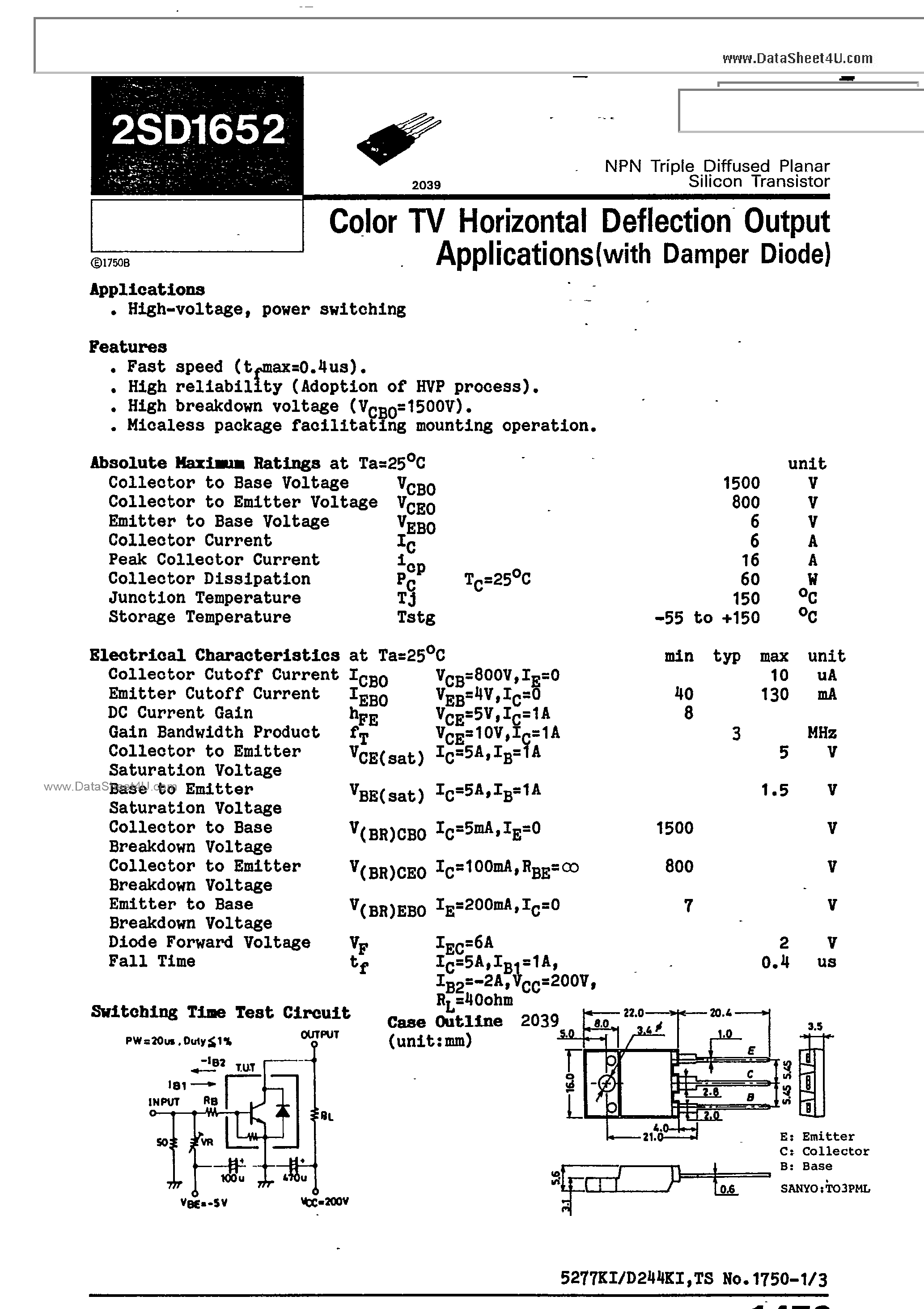 Datasheet 2SD1652 - COLOR TV HORIZONTAL DEFLECTION OUTPUT APPLICATIONS page 1
