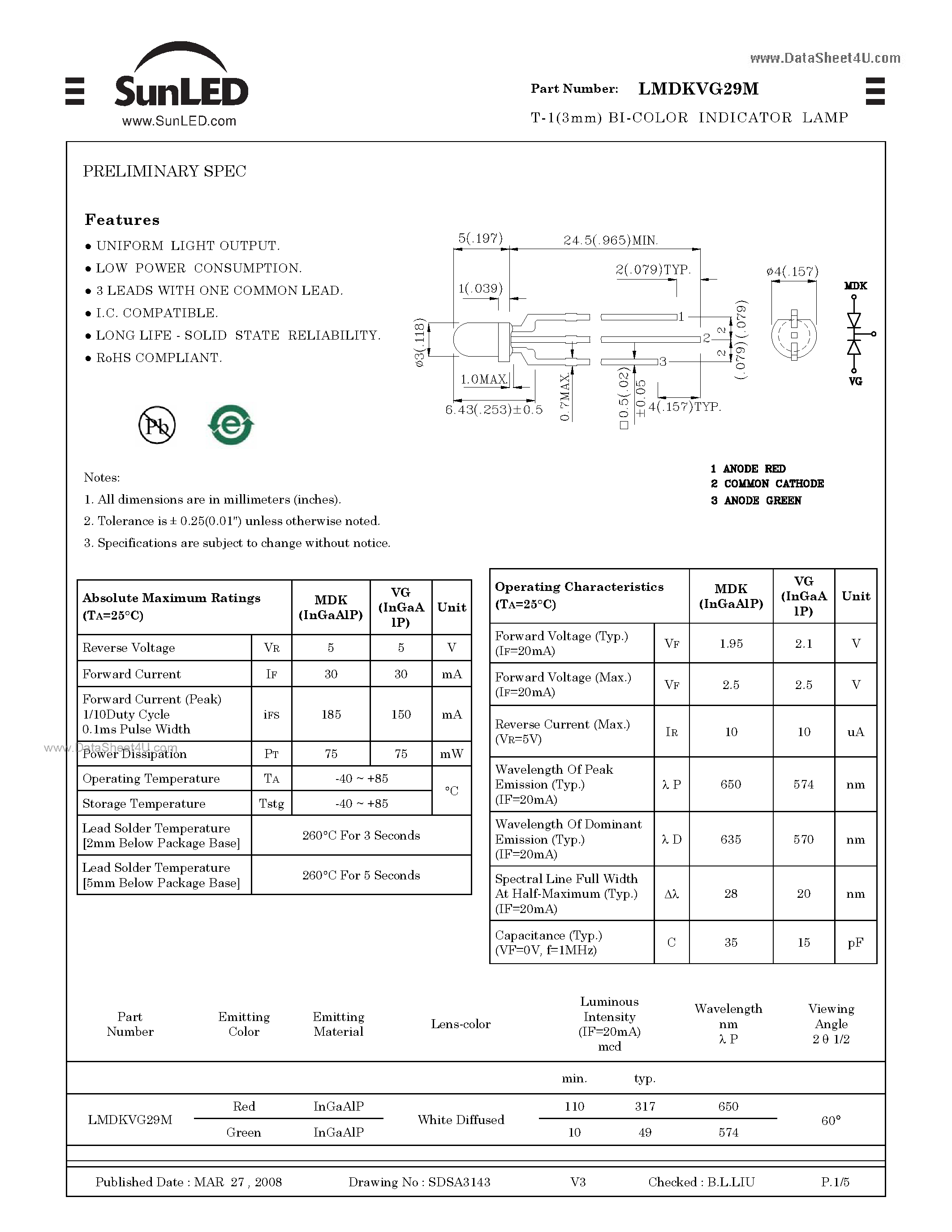 Даташит LMDKVG29M - T-1(3mm) BI-COLOR INDICATOR LAMP страница 1