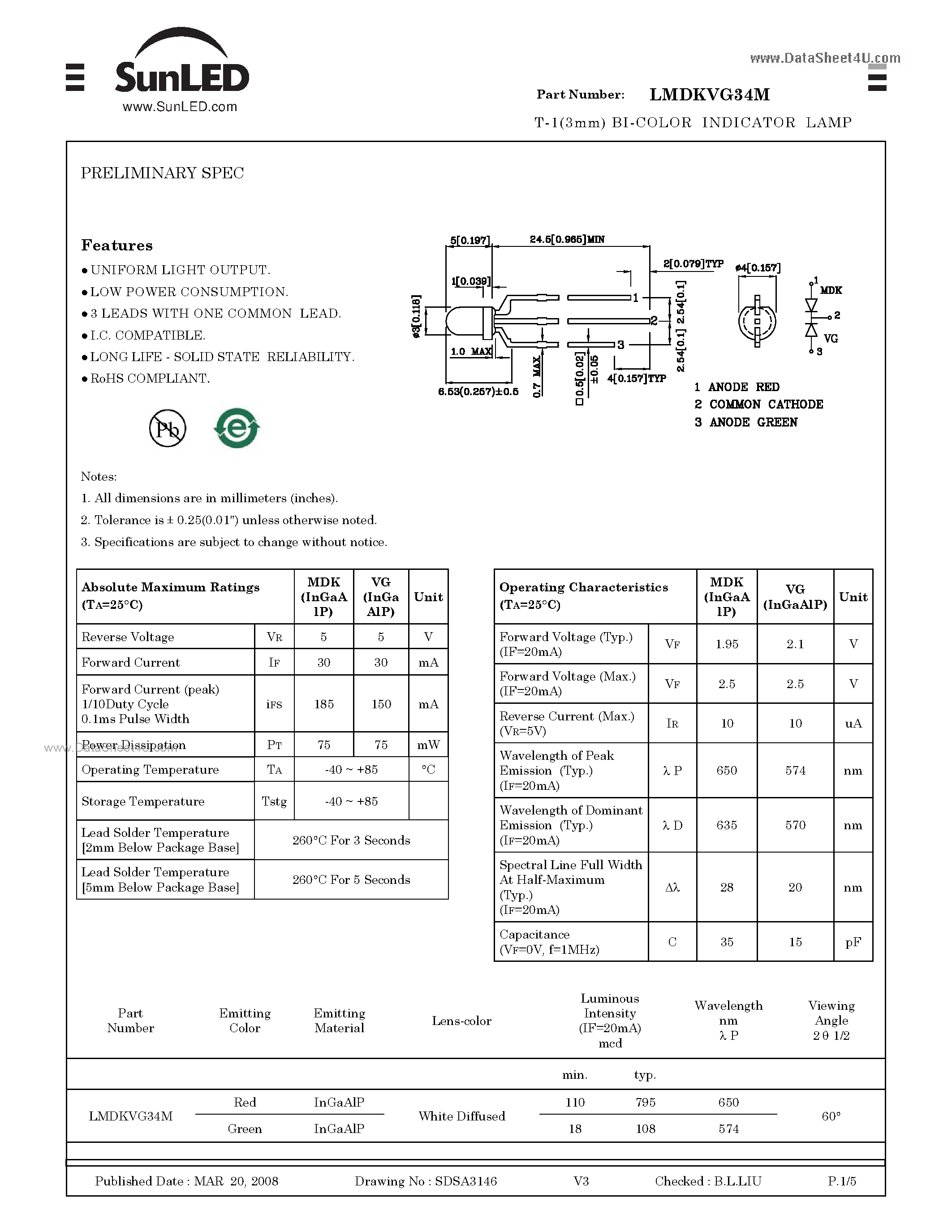 Даташит LMDKVG34M - T-1(3mm) BI-COLOR INDICATOR LAMP страница 1