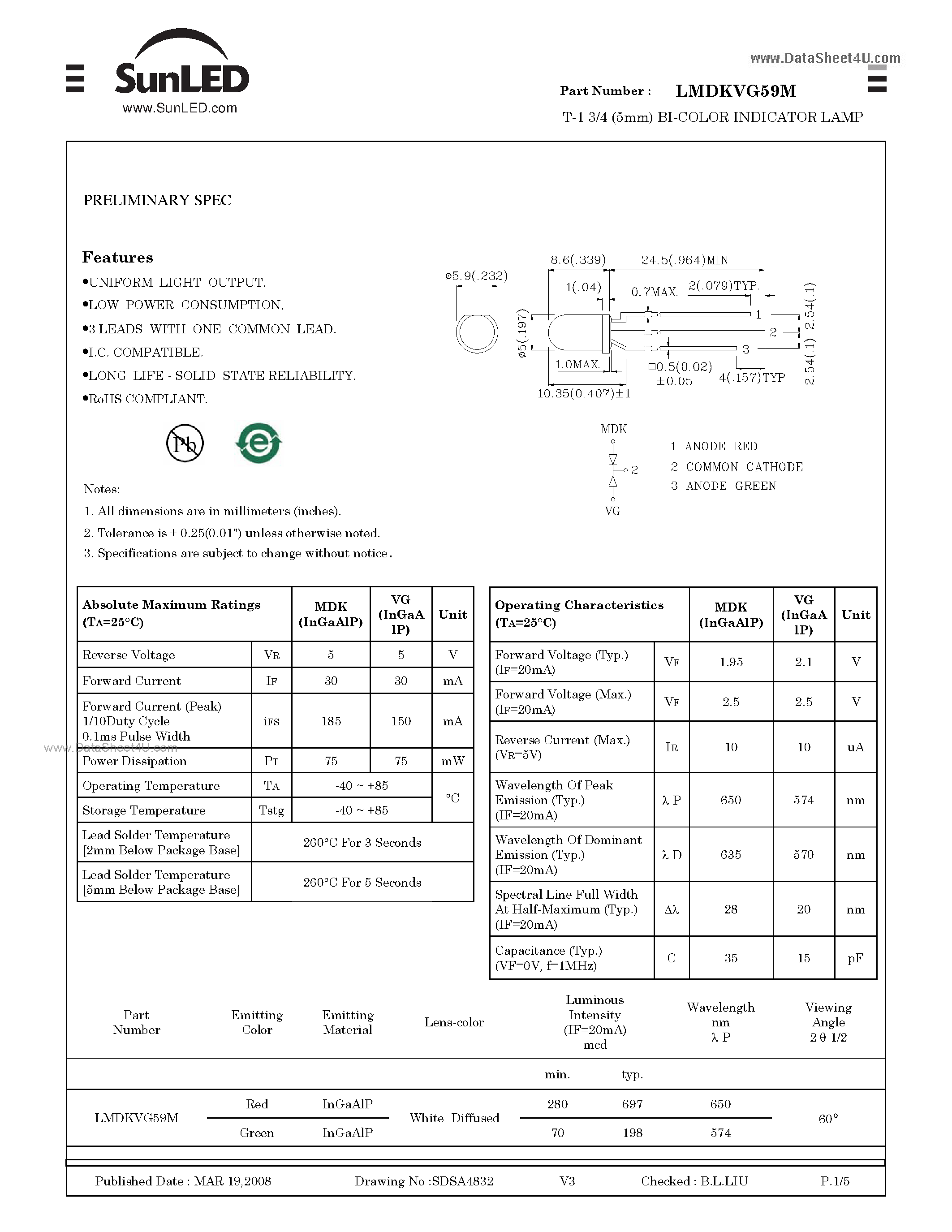 Datasheet LMDKVG59M - T-1 3/4 (5mm) BI-COLOR INDICATOR LAMP page 1