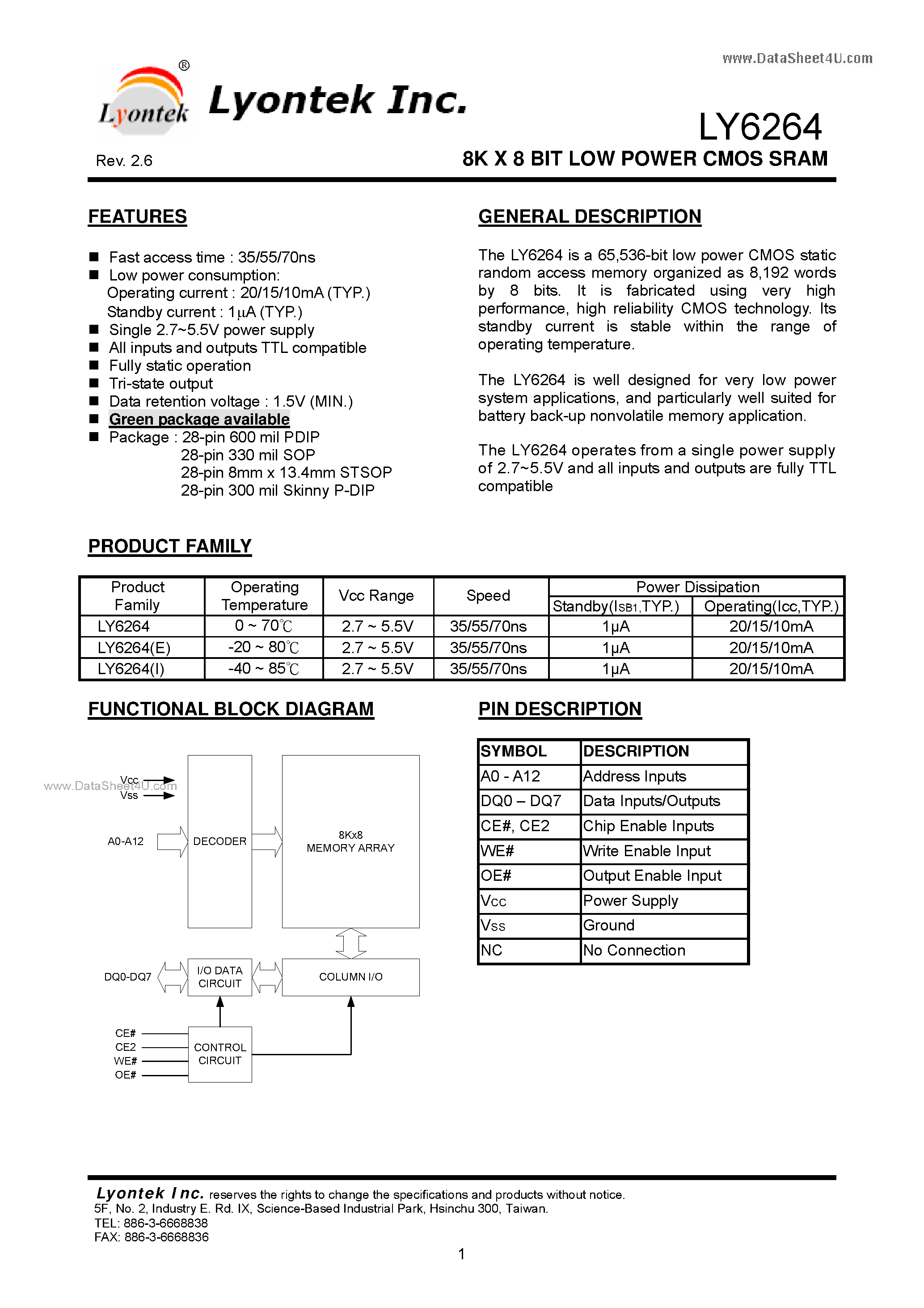 Даташит LY6264 - 8K X 8 BIT LOW POWER CMOS SRAM страница 2