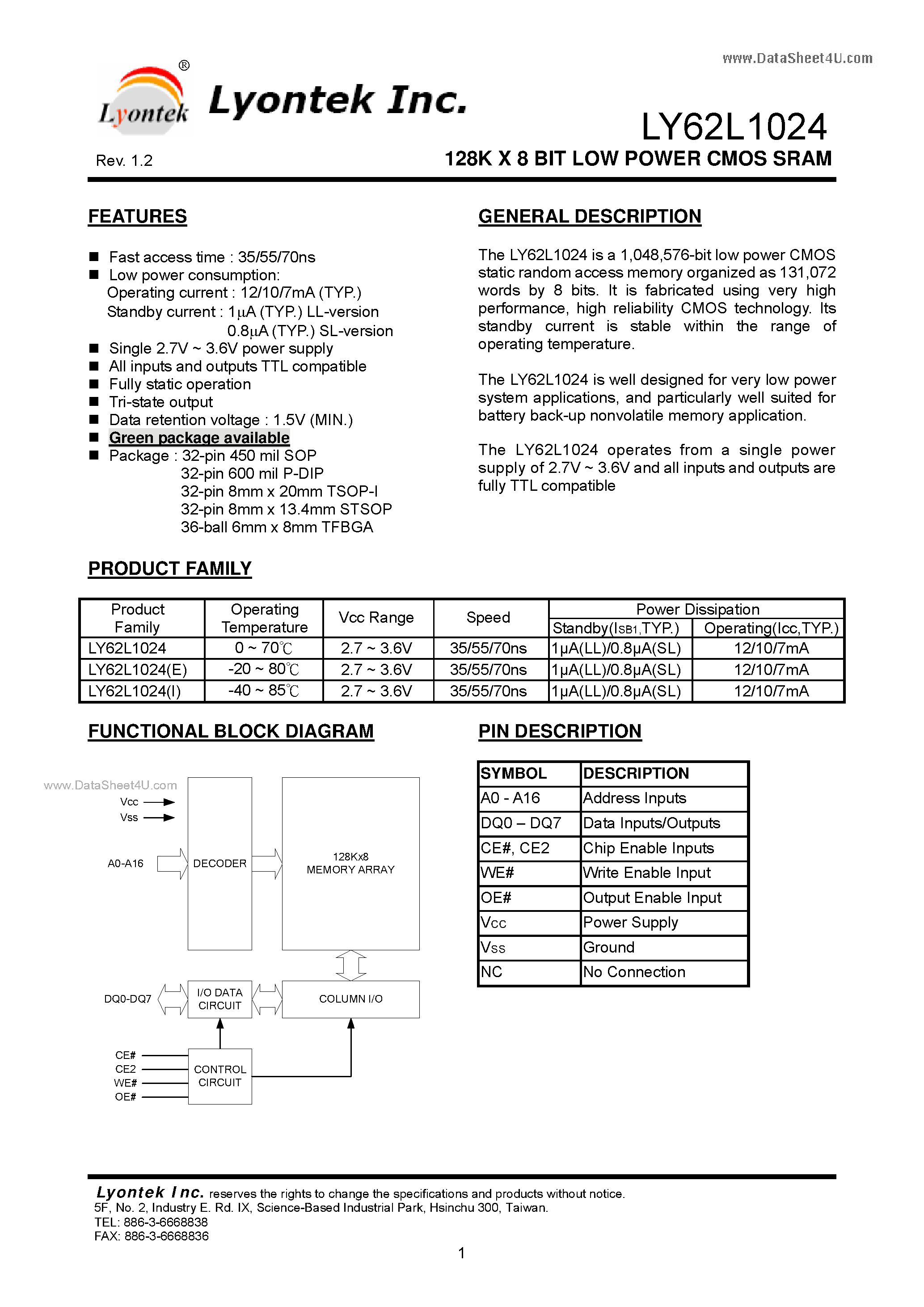 Даташит LY62L1024 - 128K X 8 BIT LOW POWER CMOS SRAM страница 2