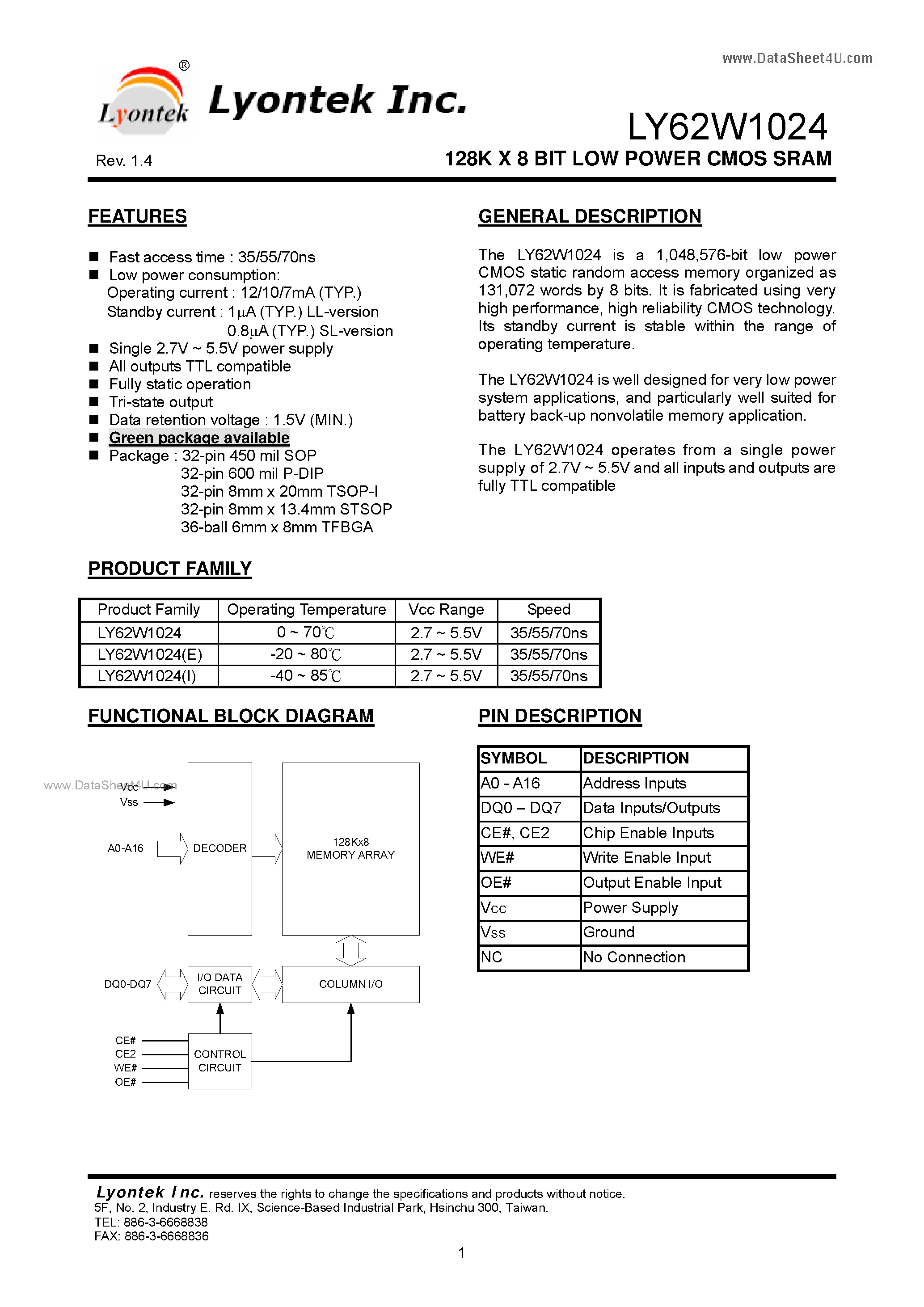 Даташит LY62W1024 - 128K X 8 BIT LOW POWER CMOS SRAM страница 2