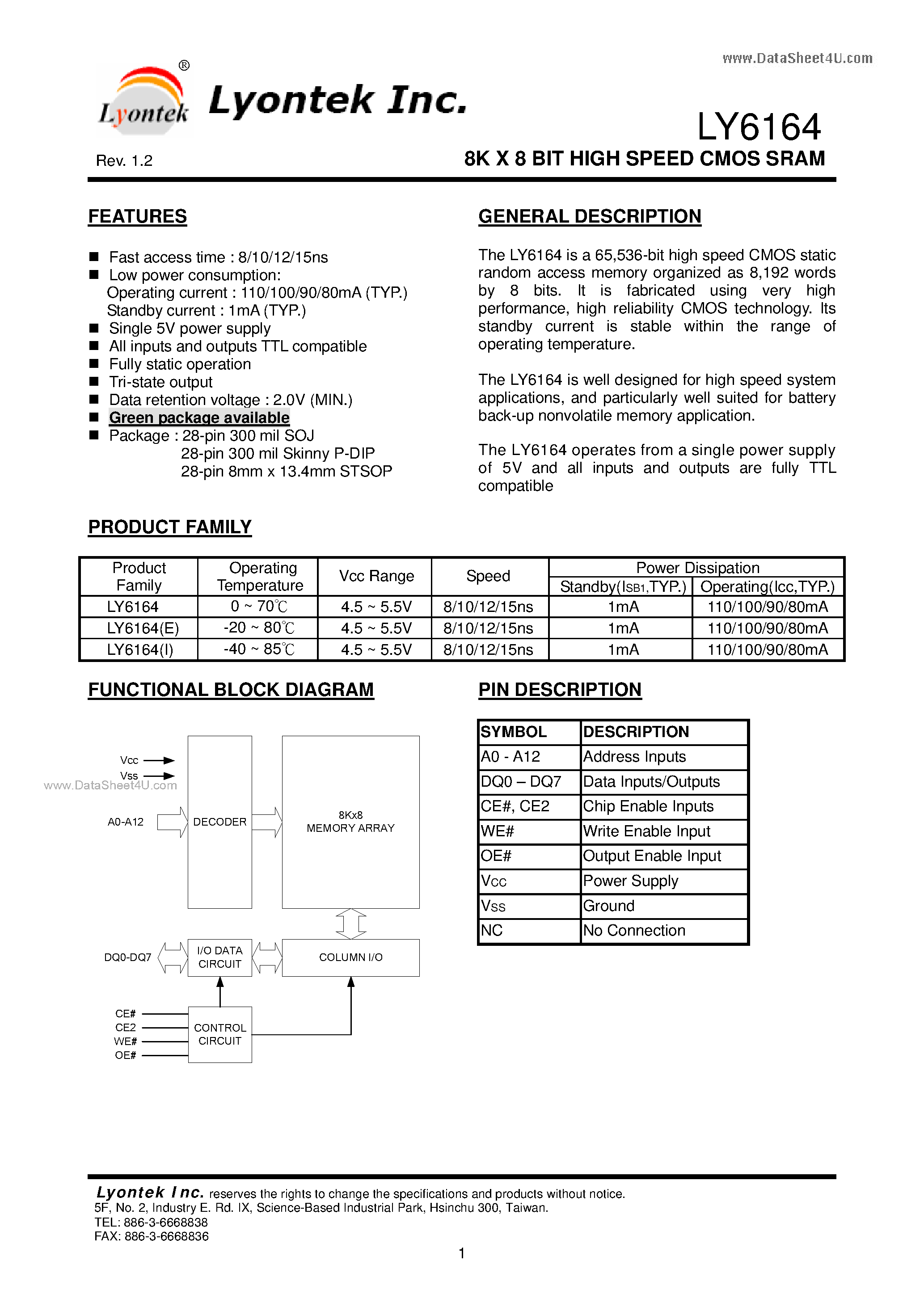 Даташит LY6164 - 8K X 8 BIT HIGH SPEED CMOS SRAM страница 2
