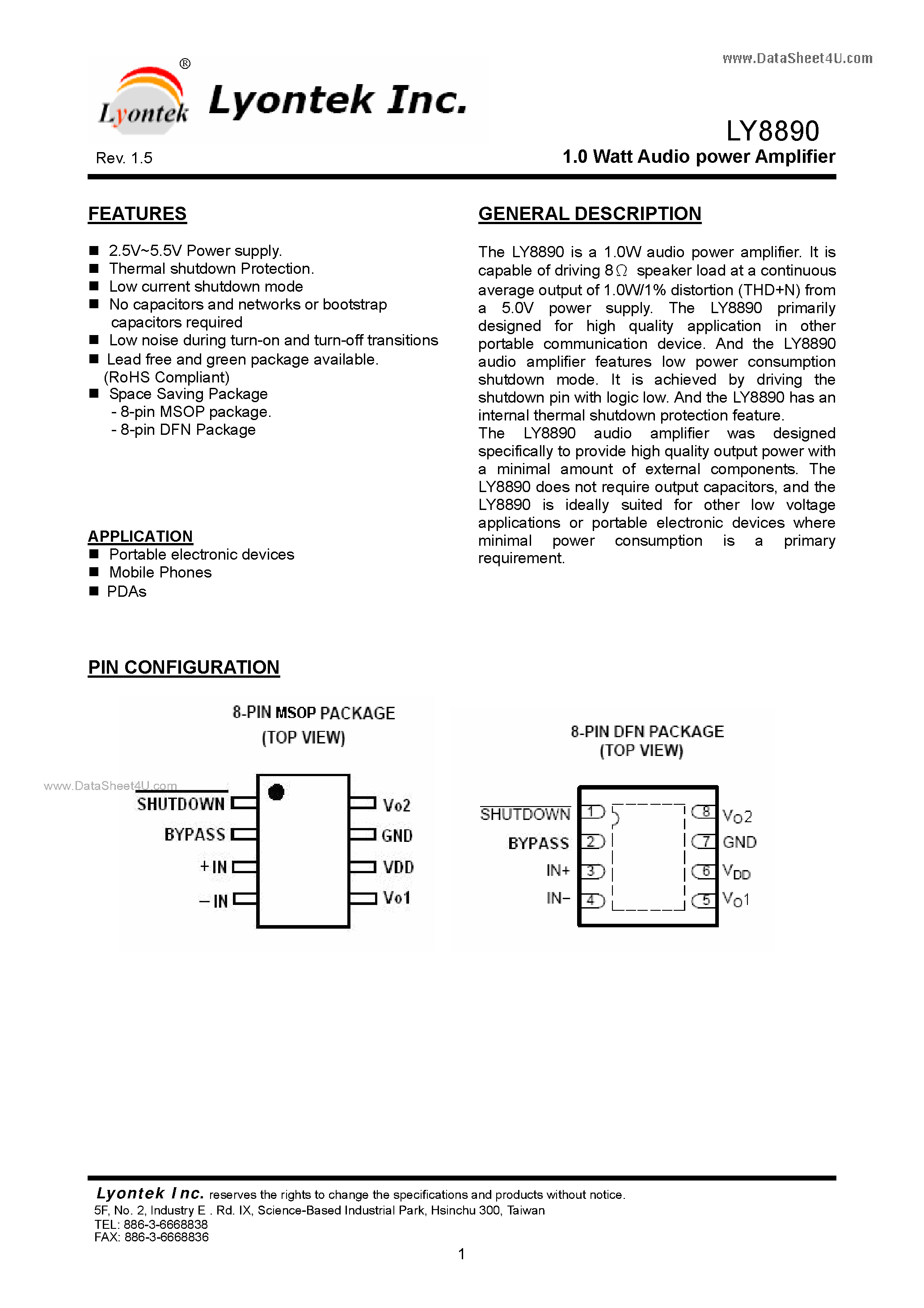 Datasheet LY8890 - 1.0 Watt Audio power Amplifier page 1