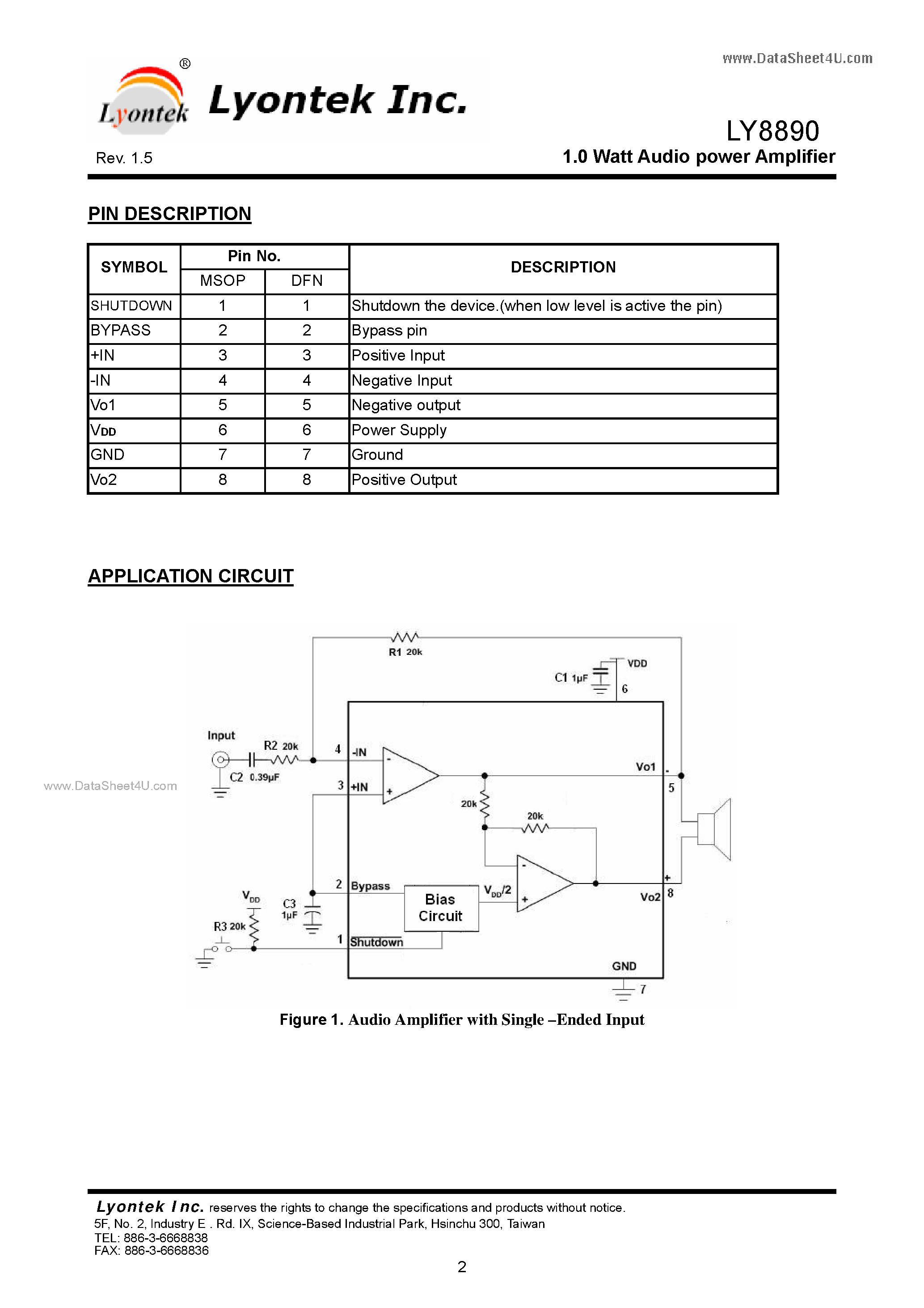 Datasheet LY8890 - 1.0 Watt Audio power Amplifier page 2