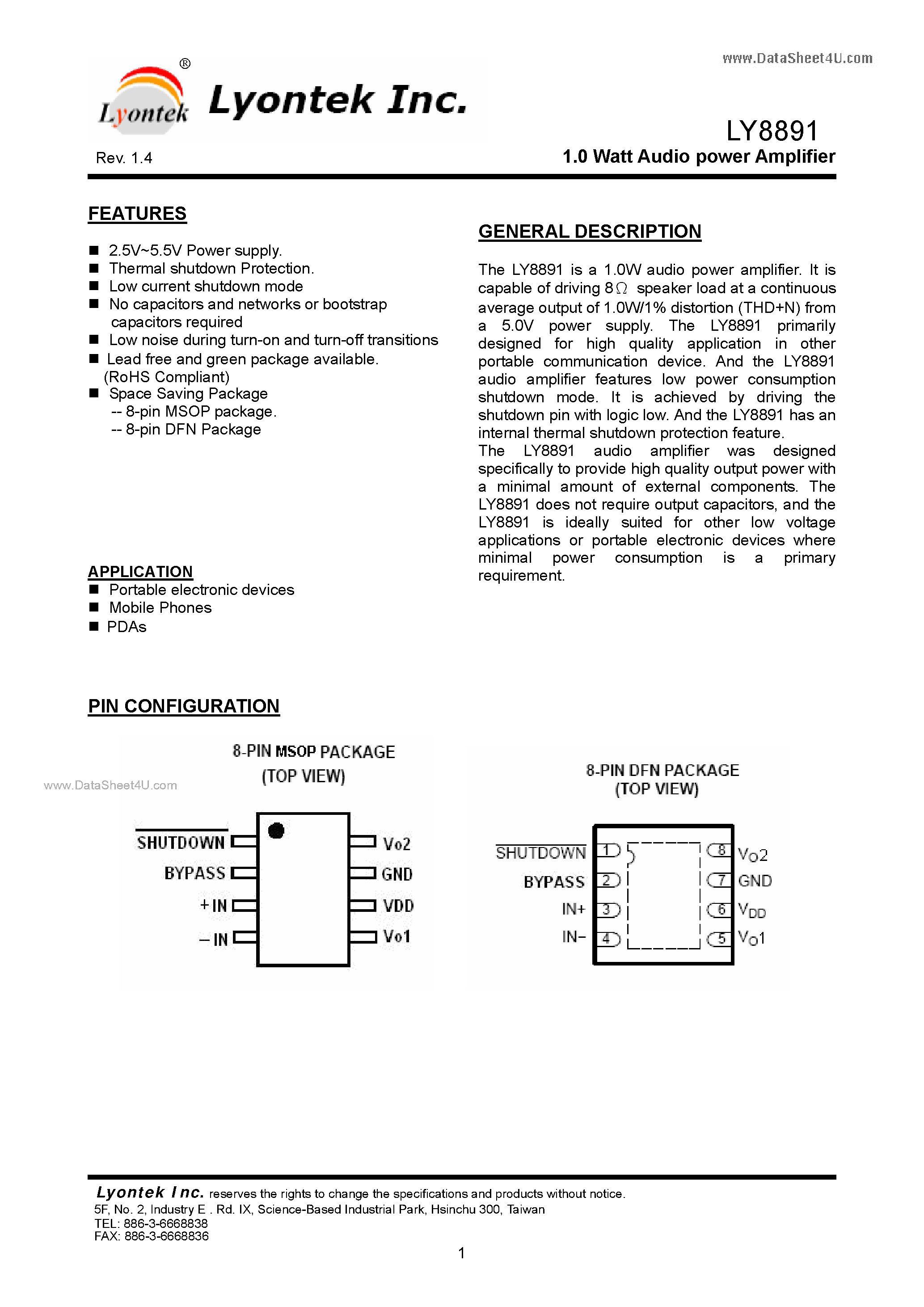 Datasheet LY8891 - 1.0 Watt Audio power Amplifier page 1