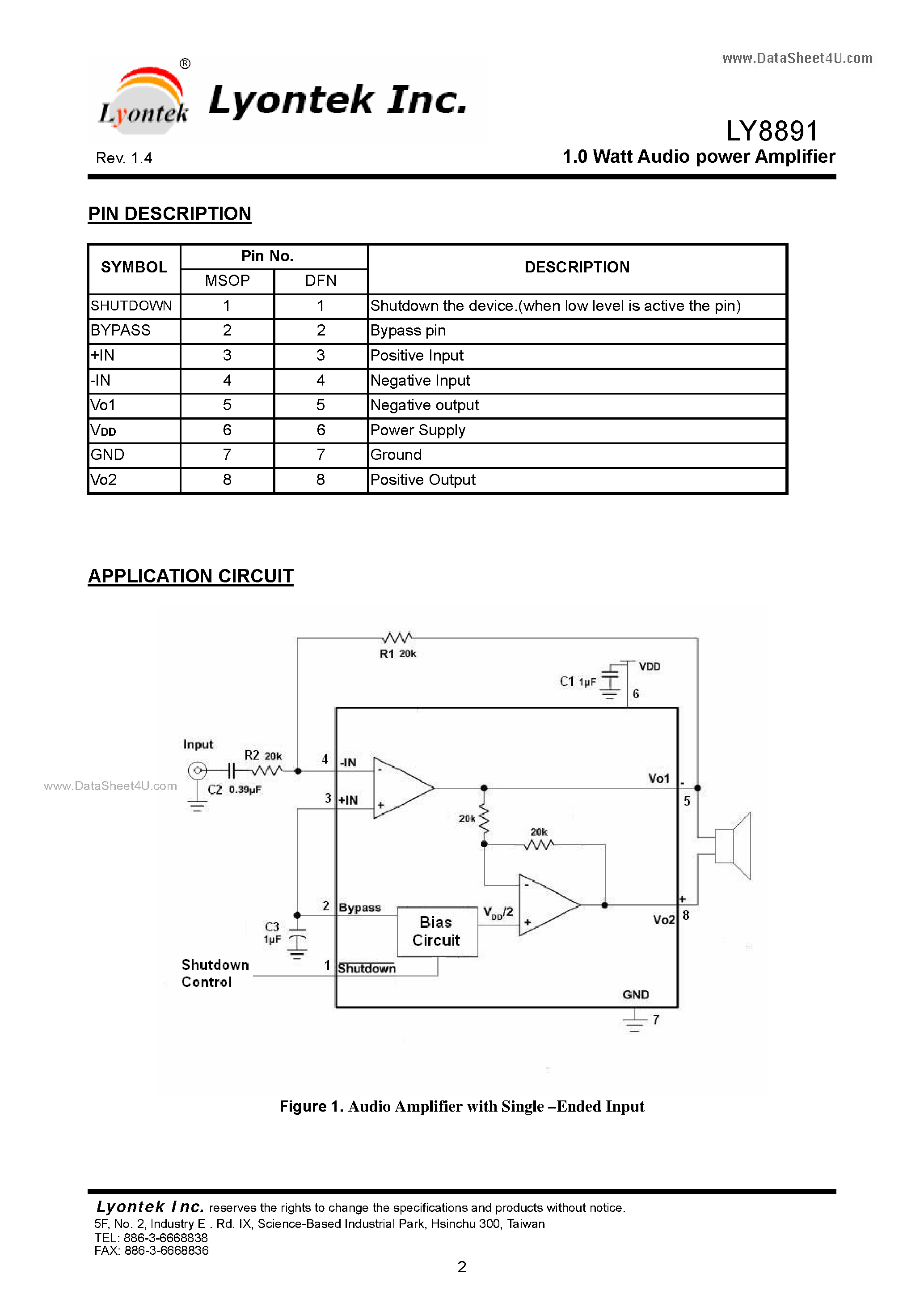 Datasheet LY8891 - 1.0 Watt Audio power Amplifier page 2