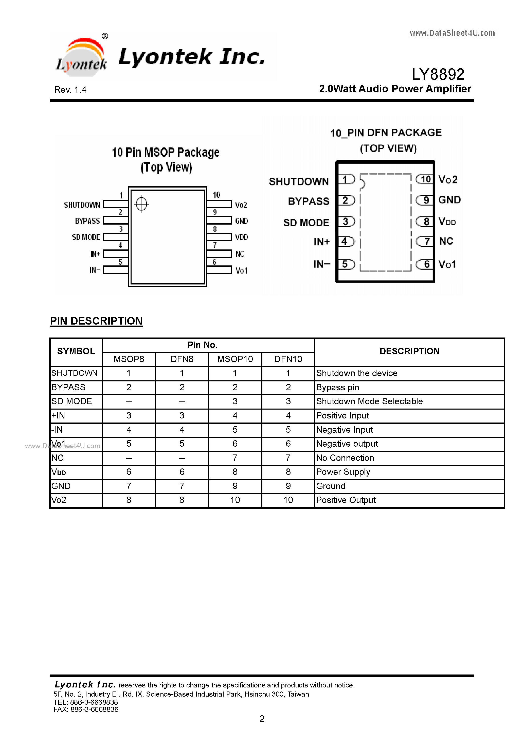 Даташит LY8892 - 2.0Watt Audio Power Amplifier страница 2