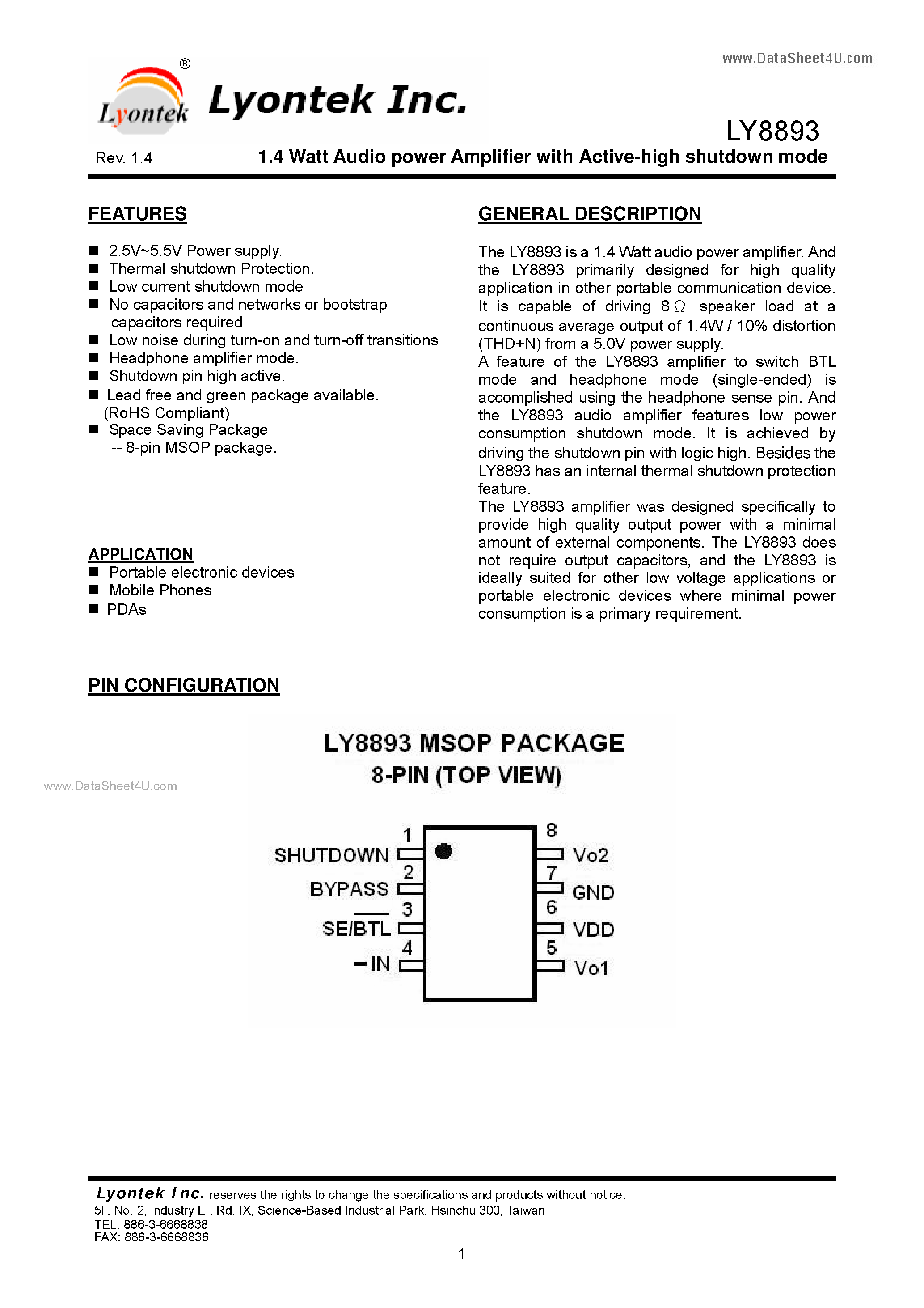 Datasheet LY8893 - 1.4 Watt Audio power Amplifier page 1
