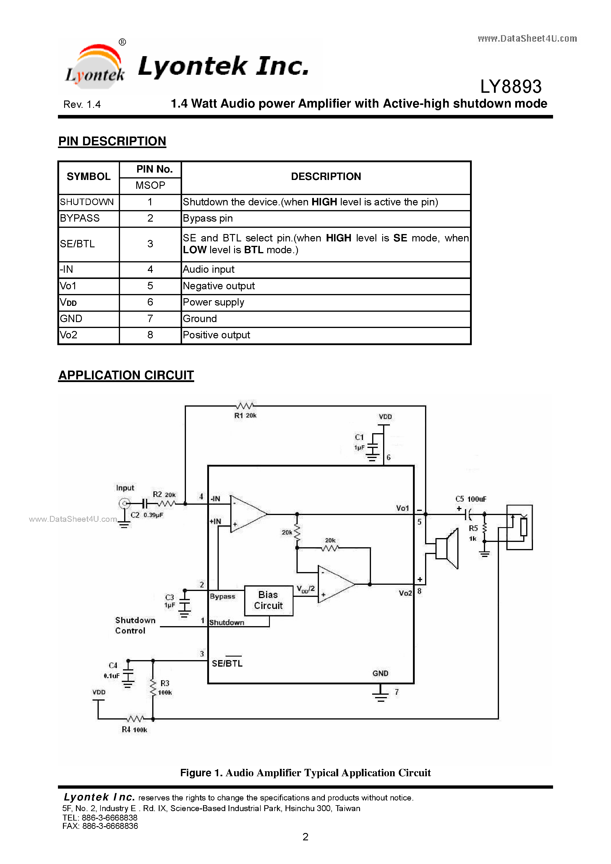 Datasheet LY8893 - 1.4 Watt Audio power Amplifier page 2