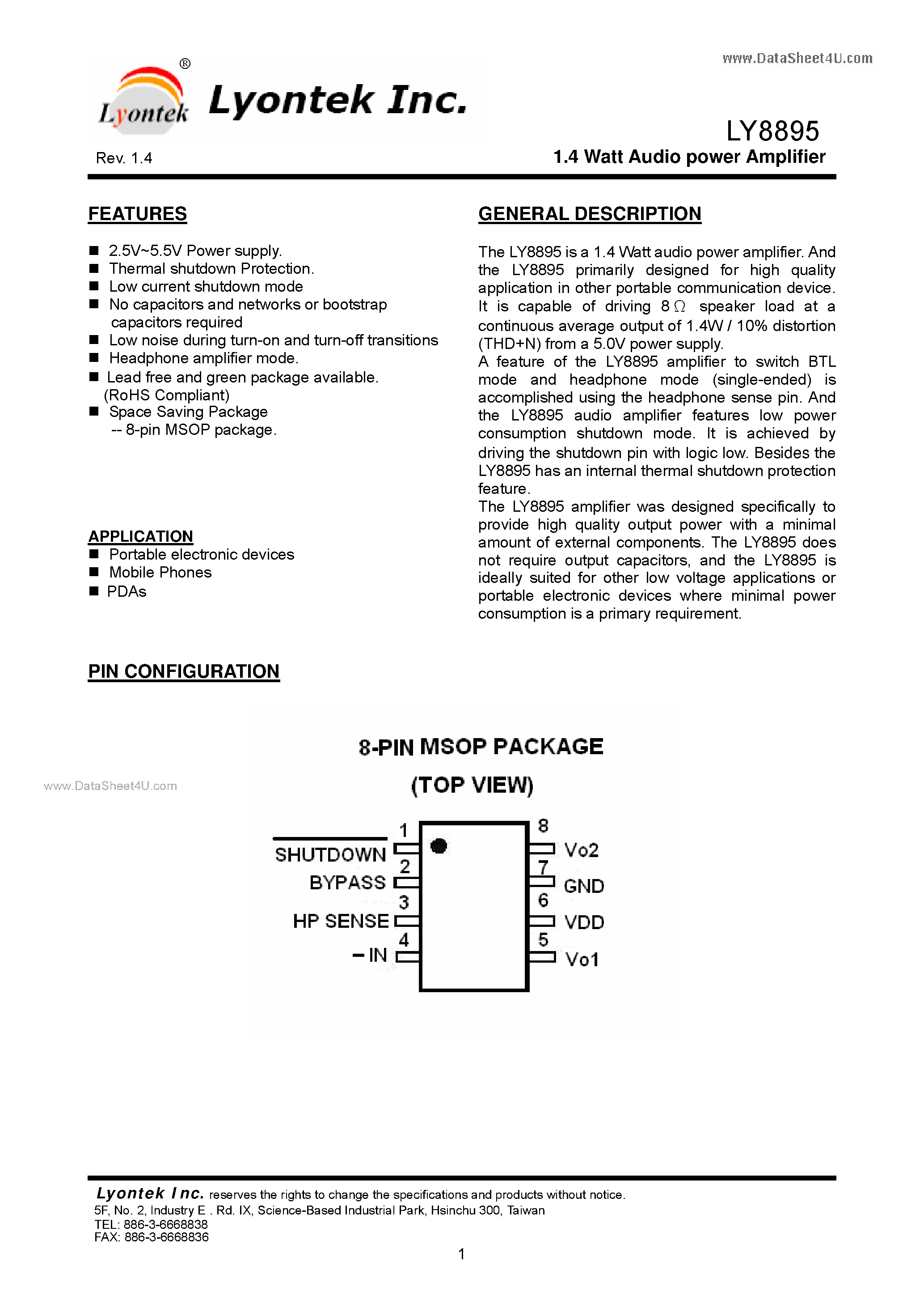 Datasheet LY8895 - 1.4 Watt Audio power Amplifier page 1