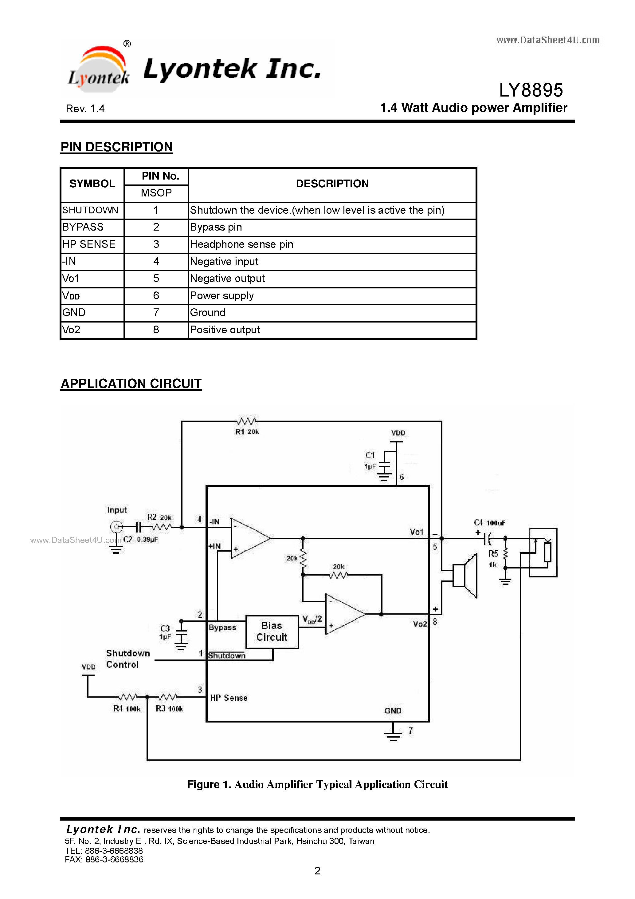 Datasheet LY8895 - 1.4 Watt Audio power Amplifier page 2