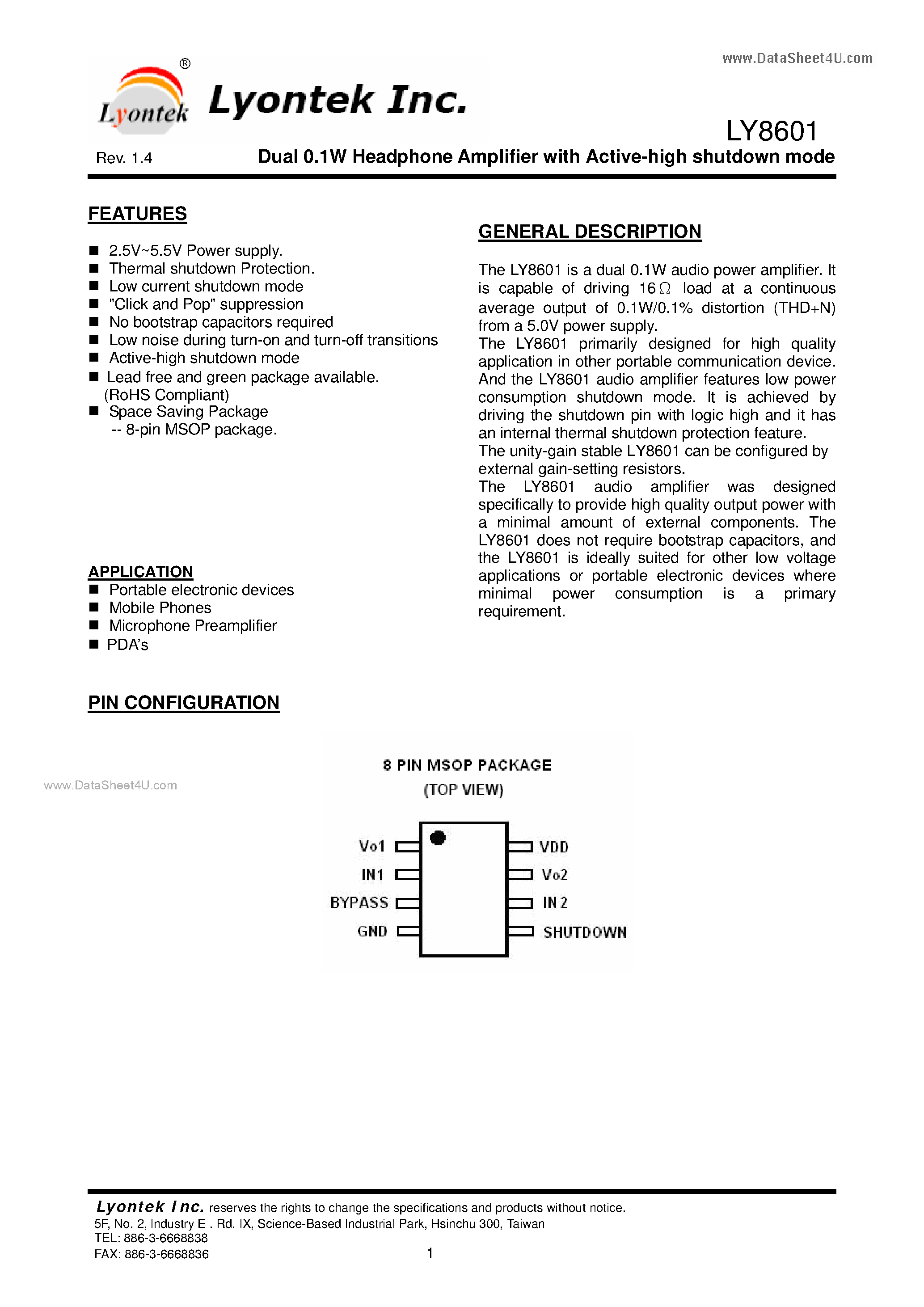 Datasheet LY8601 page 1 Datasheet LY8601 - Dual 0.1W Headphone Amplifier page 1