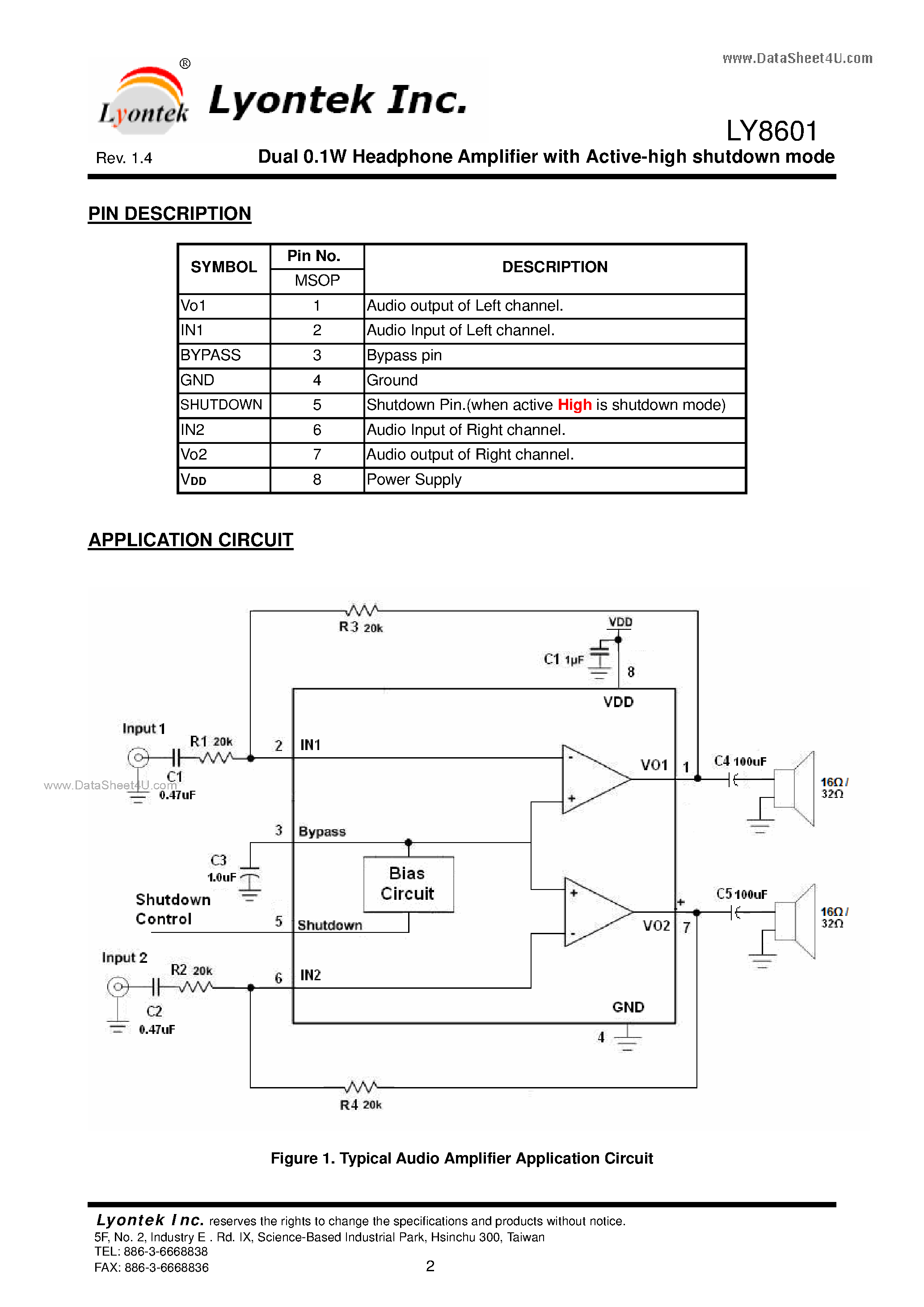 Datasheet LY8601 page 2 Datasheet LY8601 - Dual 0.1W Headphone Amplifier page 2