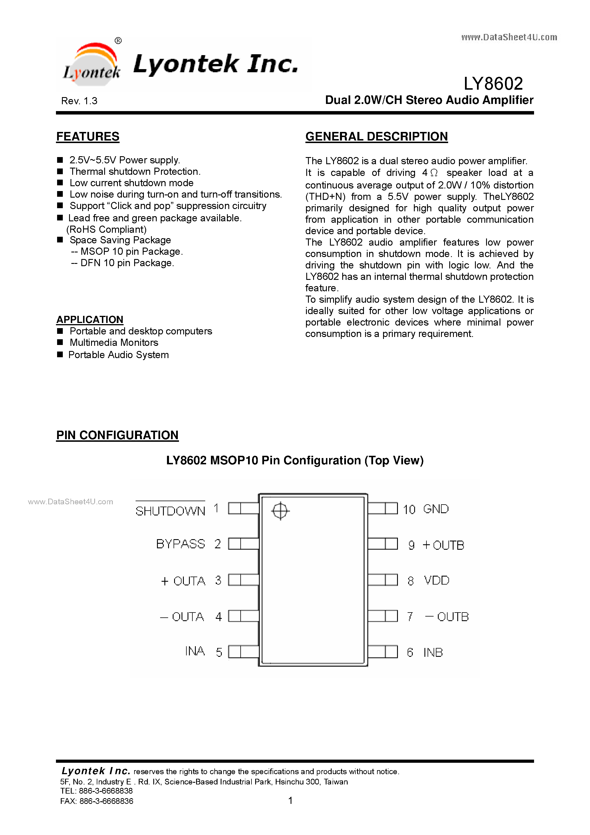 Даташит LY8602 - Dual 2.0W/CH Stereo Audio Amplifier страница 1