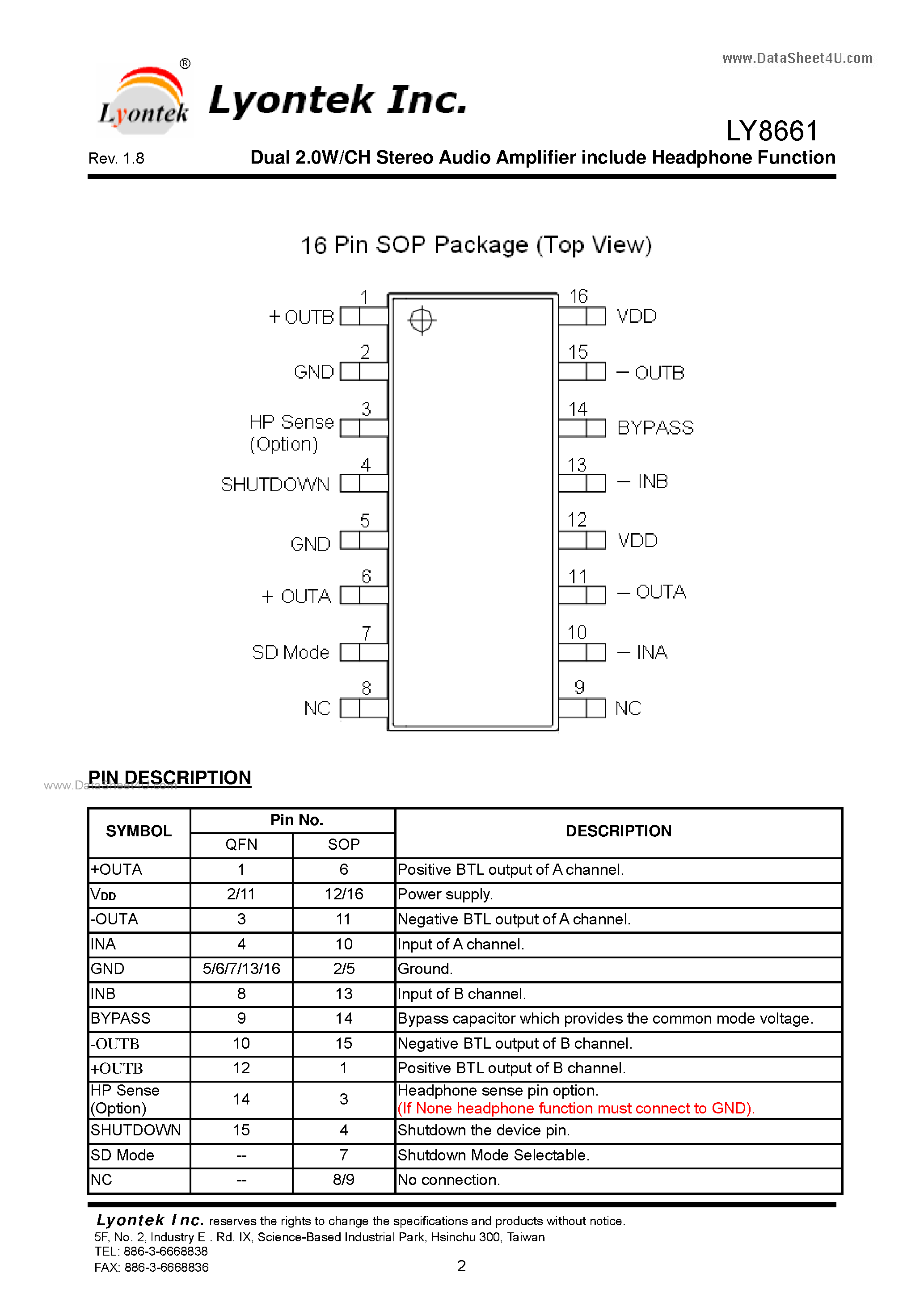 Даташит LY8661 - Dual 2.0W/CH Stereo Audio Amplifier include Headphone Function страница 2
