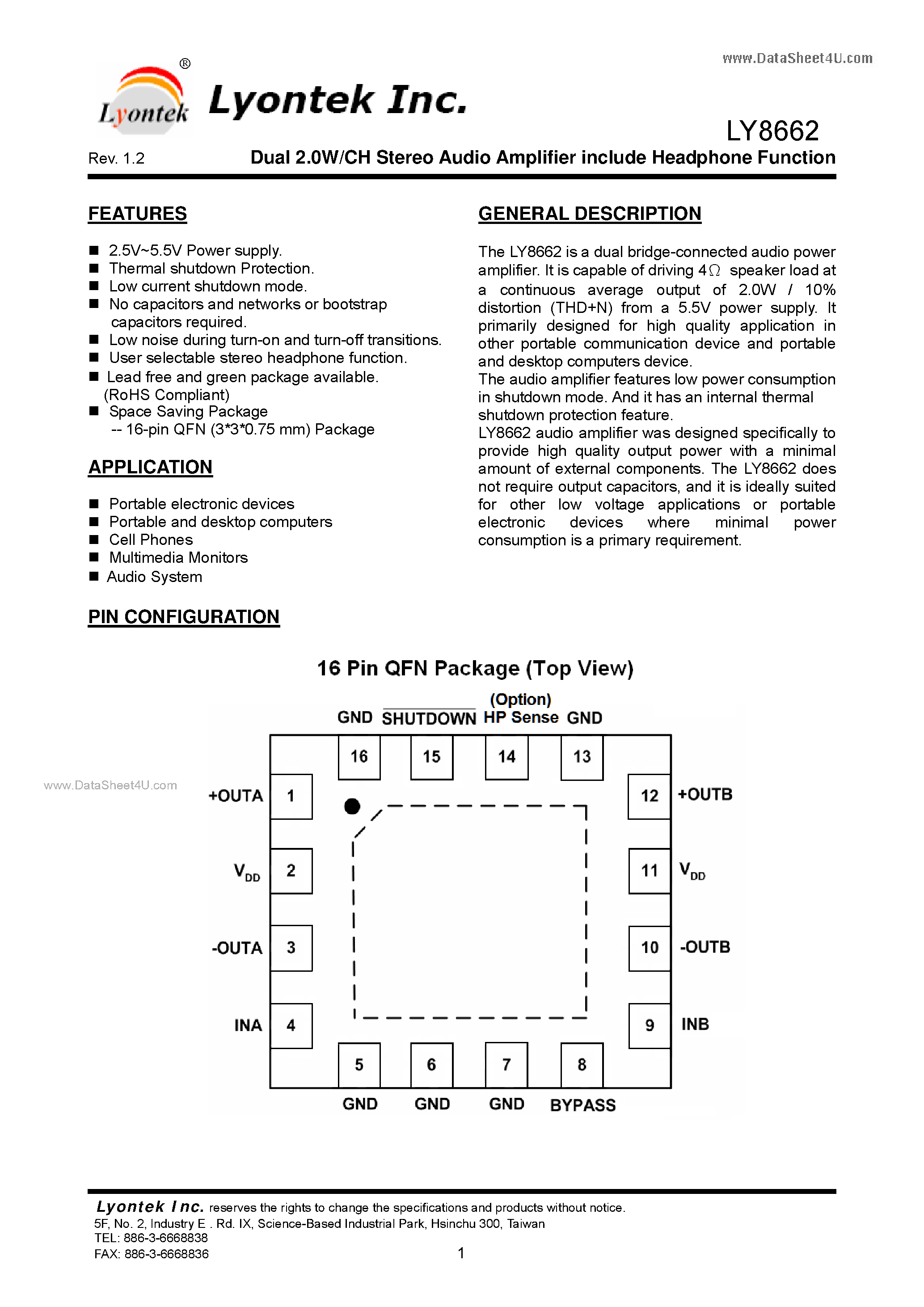 Даташит LY8662 - Dual 2.0W/CH Stereo Audio Amplifier include Headphone Function страница 1