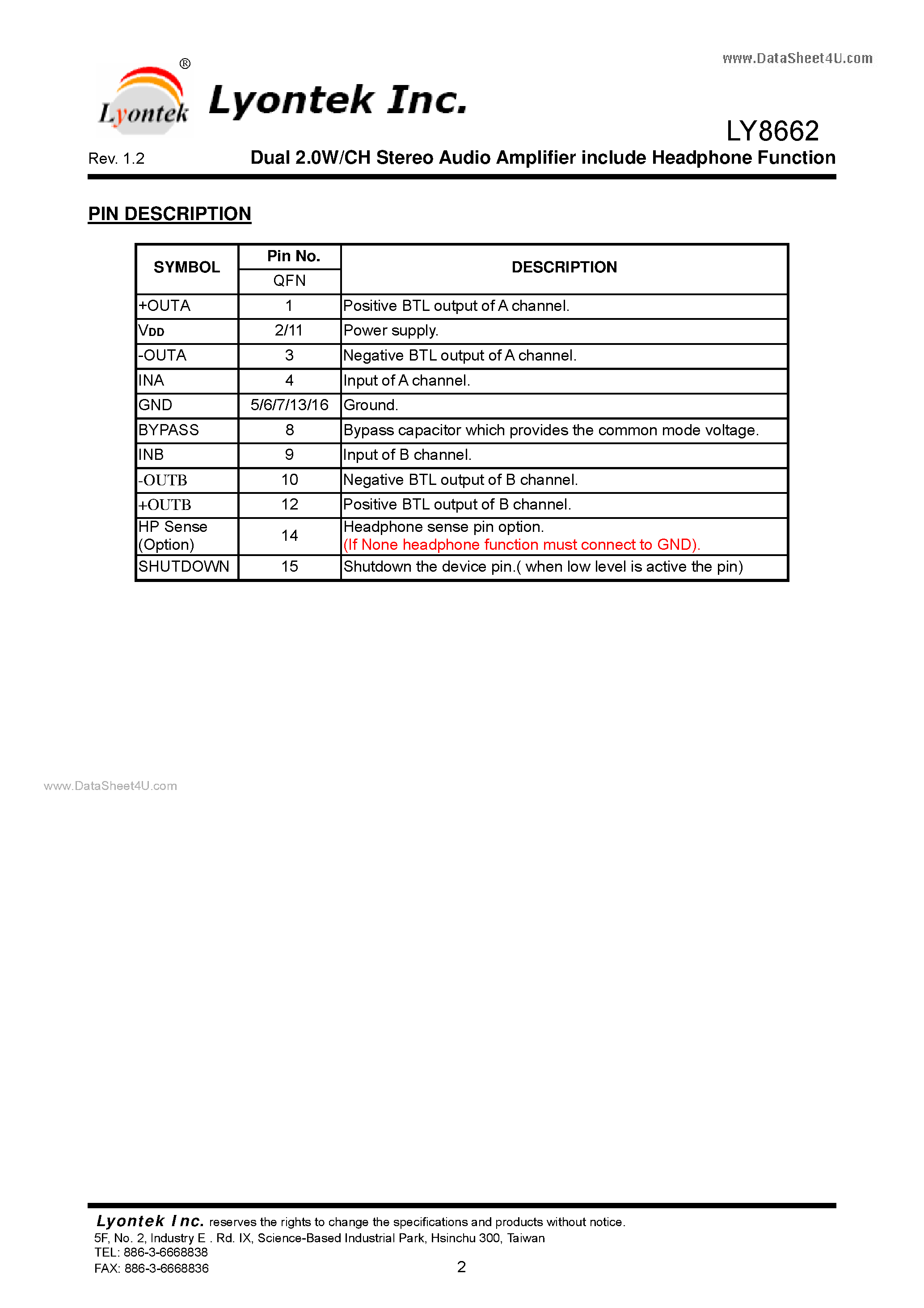 Даташит LY8662 - Dual 2.0W/CH Stereo Audio Amplifier include Headphone Function страница 2