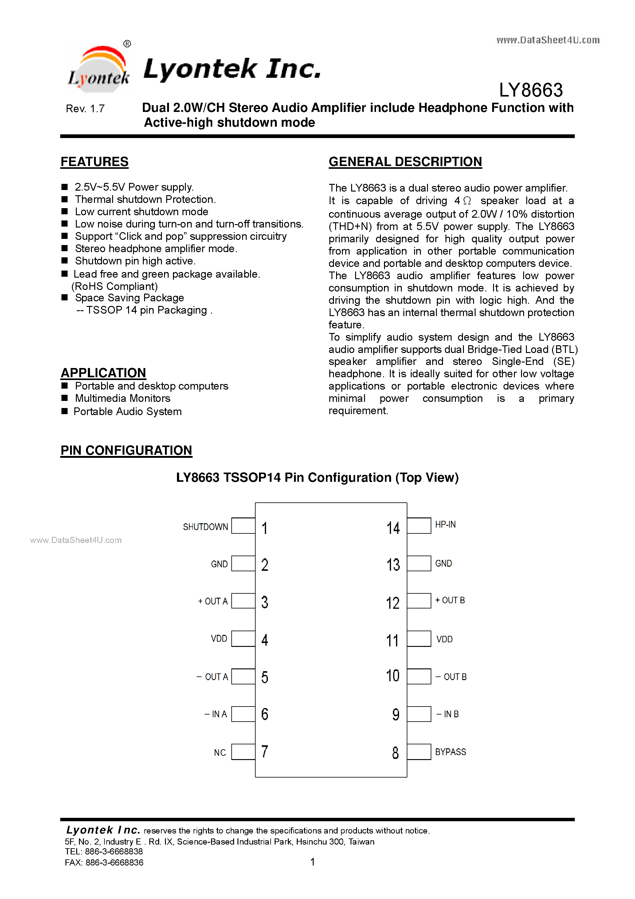 Даташит LY8663 - Dual 2.0W/CH Stereo Audio Amplifier include Headphone Function страница 1