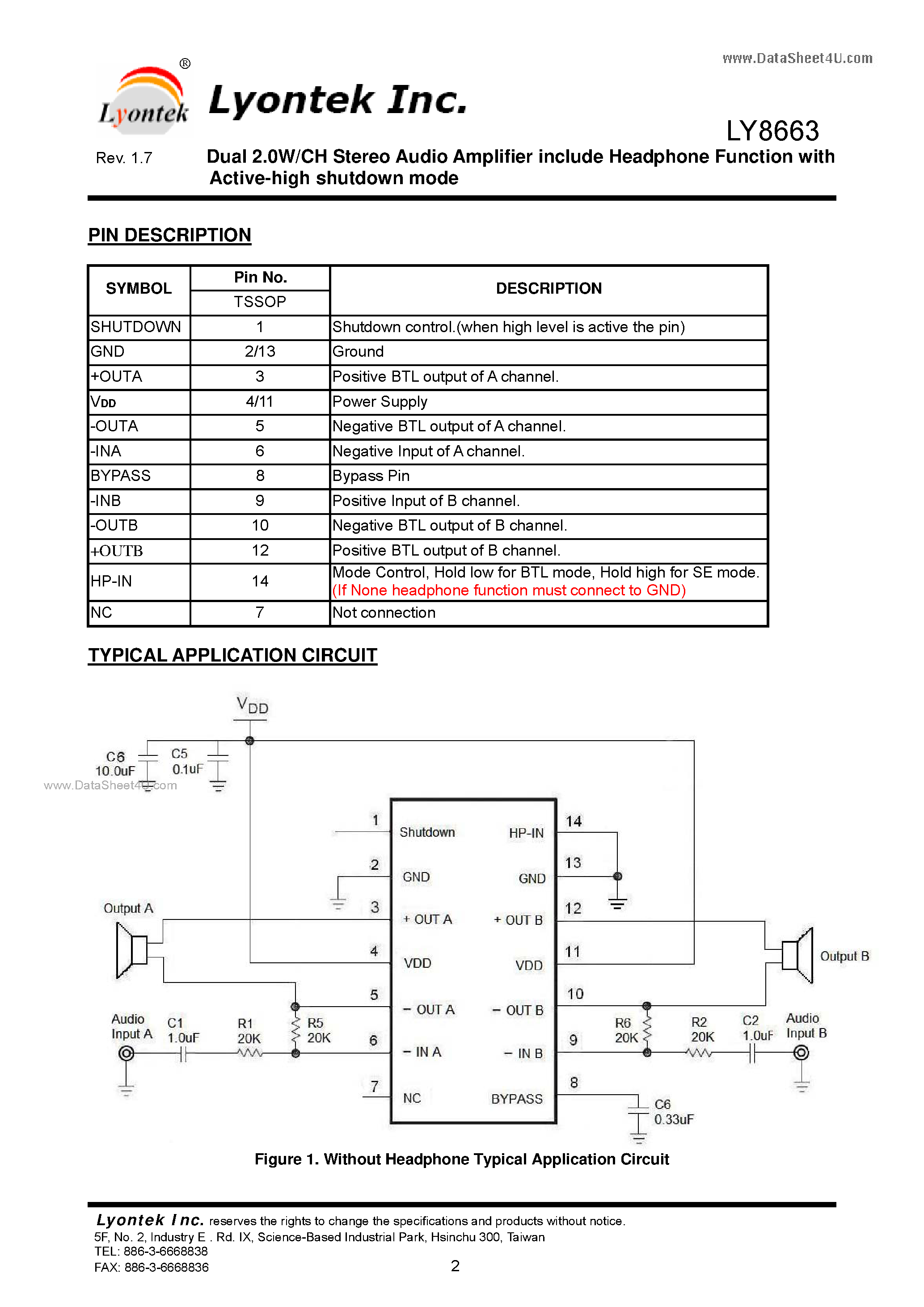 Даташит LY8663 - Dual 2.0W/CH Stereo Audio Amplifier include Headphone Function страница 2