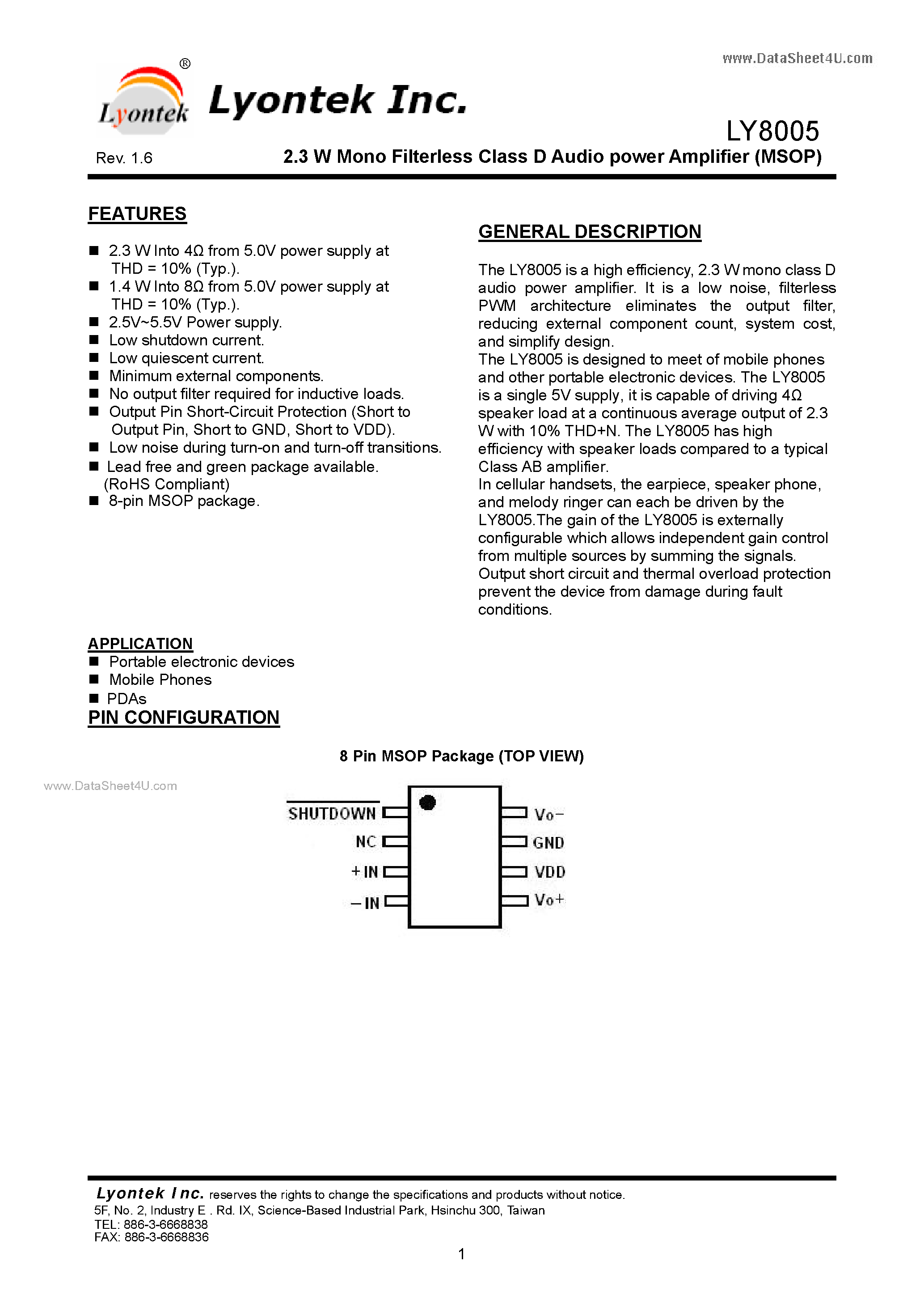 Даташит LY8005 - 2.3 W Mono Filterless Class D Audio power Amplifier страница 1