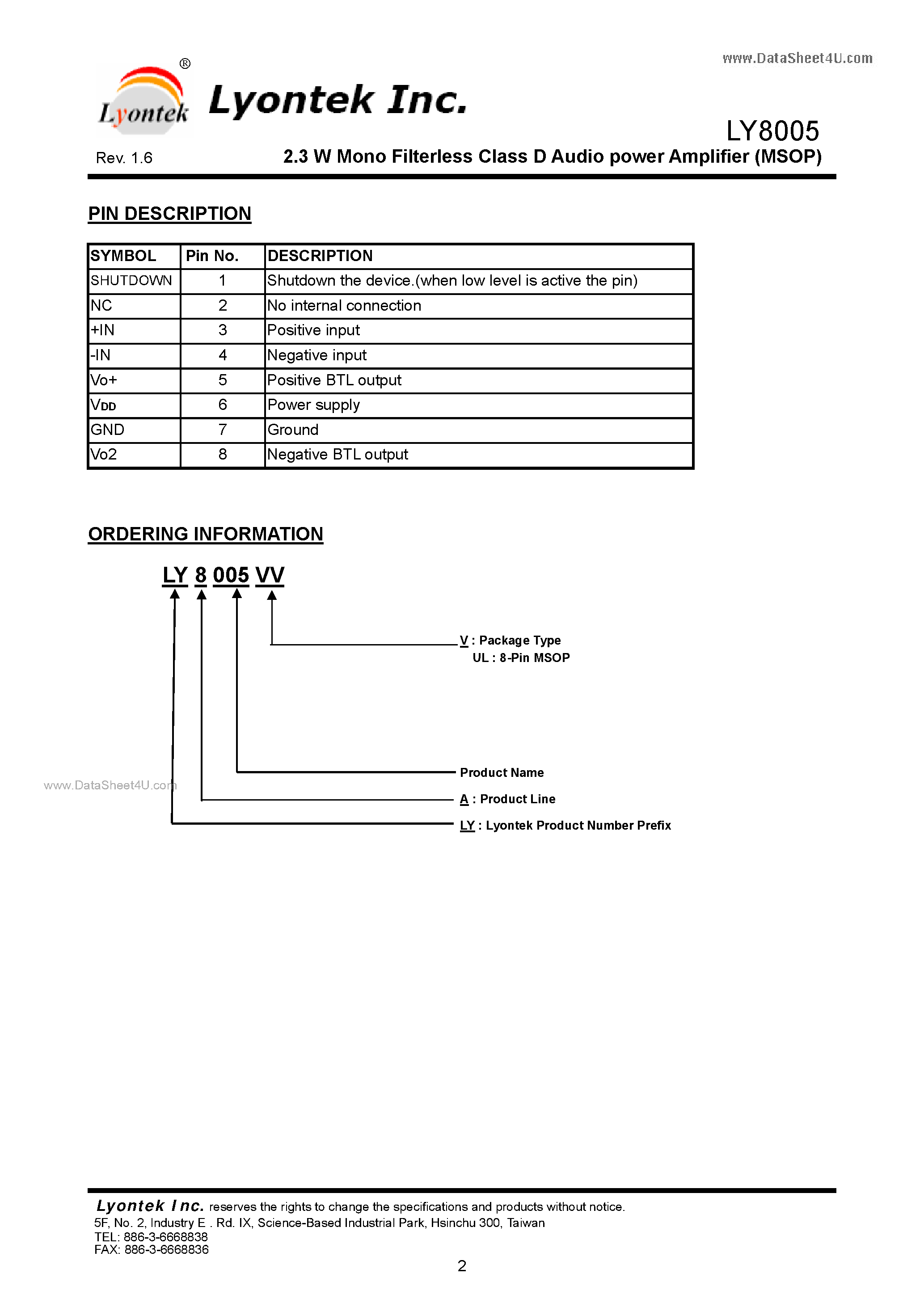 Даташит LY8005 - 2.3 W Mono Filterless Class D Audio power Amplifier страница 2