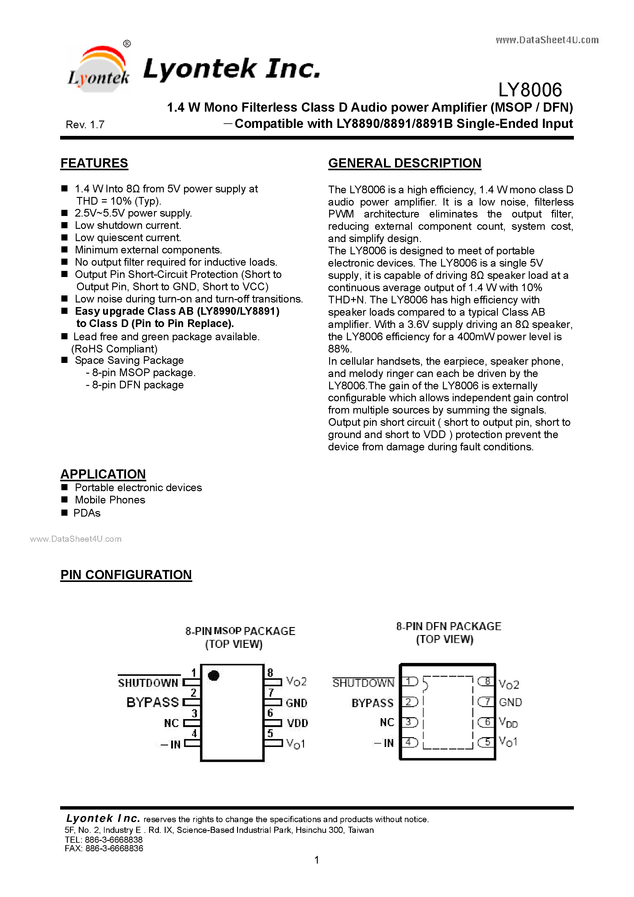Datasheet LY8006 - 1.4 W Mono Filterless Class D Audio power Amplifier page 1