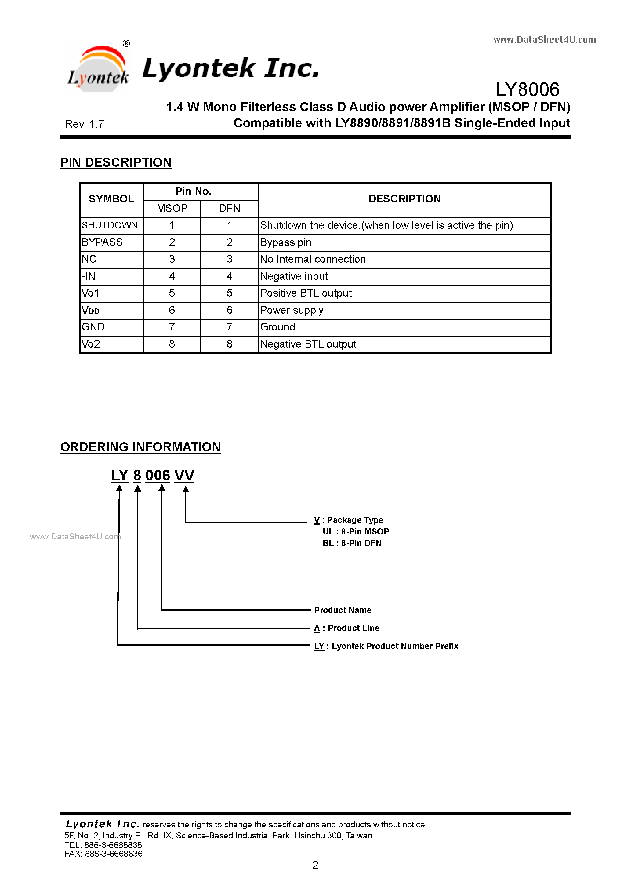 Datasheet LY8006 - 1.4 W Mono Filterless Class D Audio power Amplifier page 2