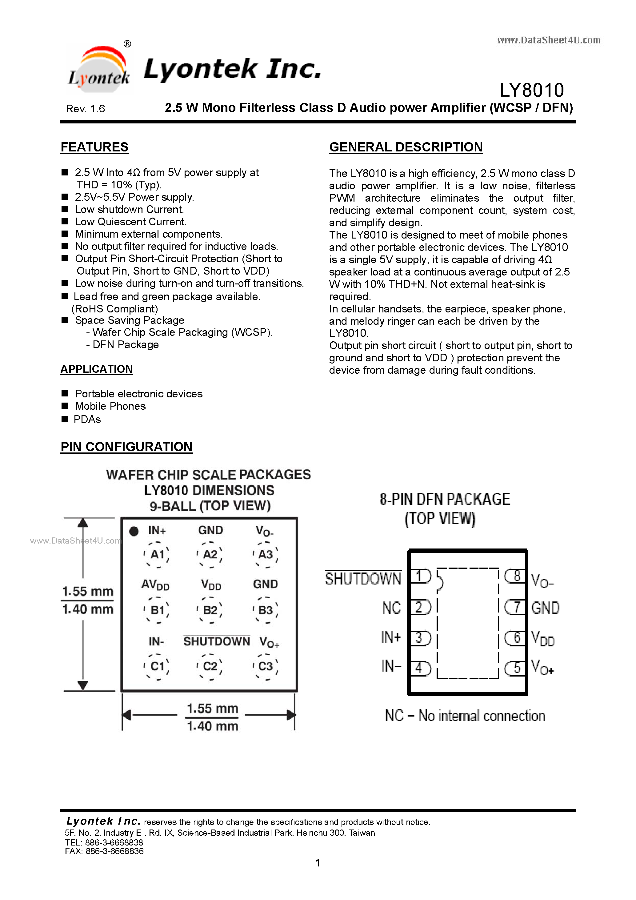 Даташит LY8010 - 2.5 W Mono Filterless Class D Audio power Amplifier страница 1