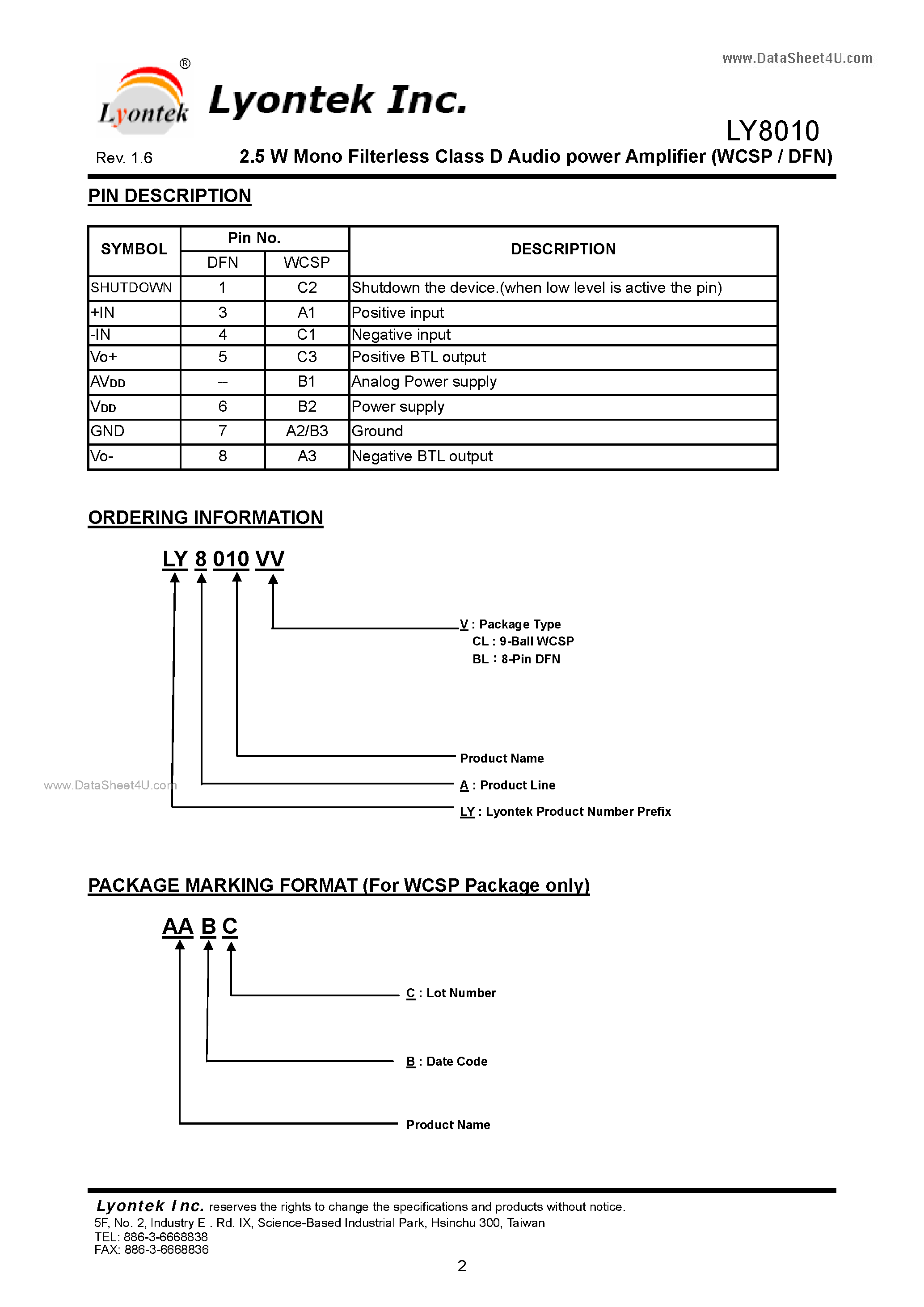 Даташит LY8010 - 2.5 W Mono Filterless Class D Audio power Amplifier страница 2