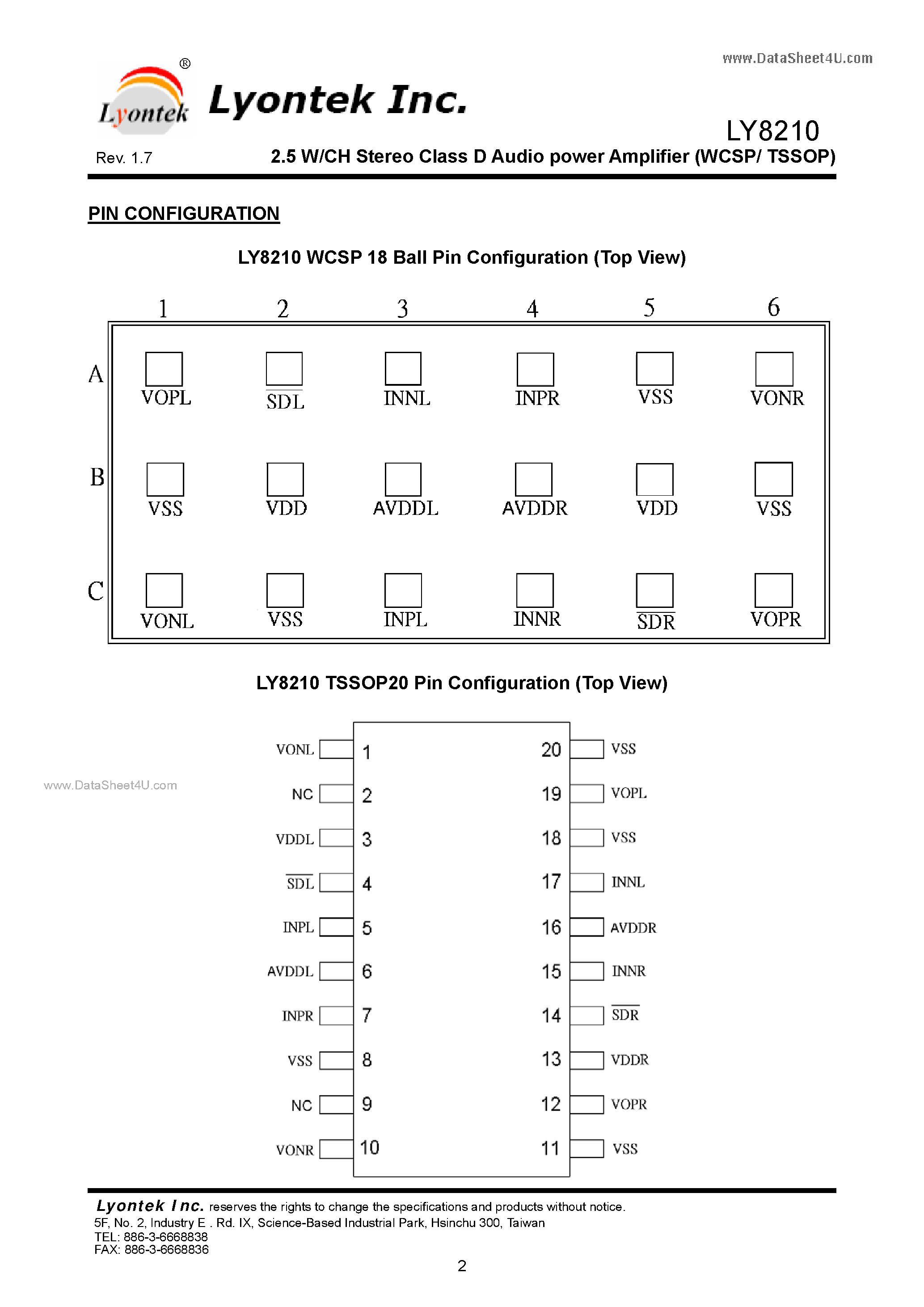 Даташит LY8210 - 2.5 W/CH Stereo Class D Audio power Amplifier страница 2
