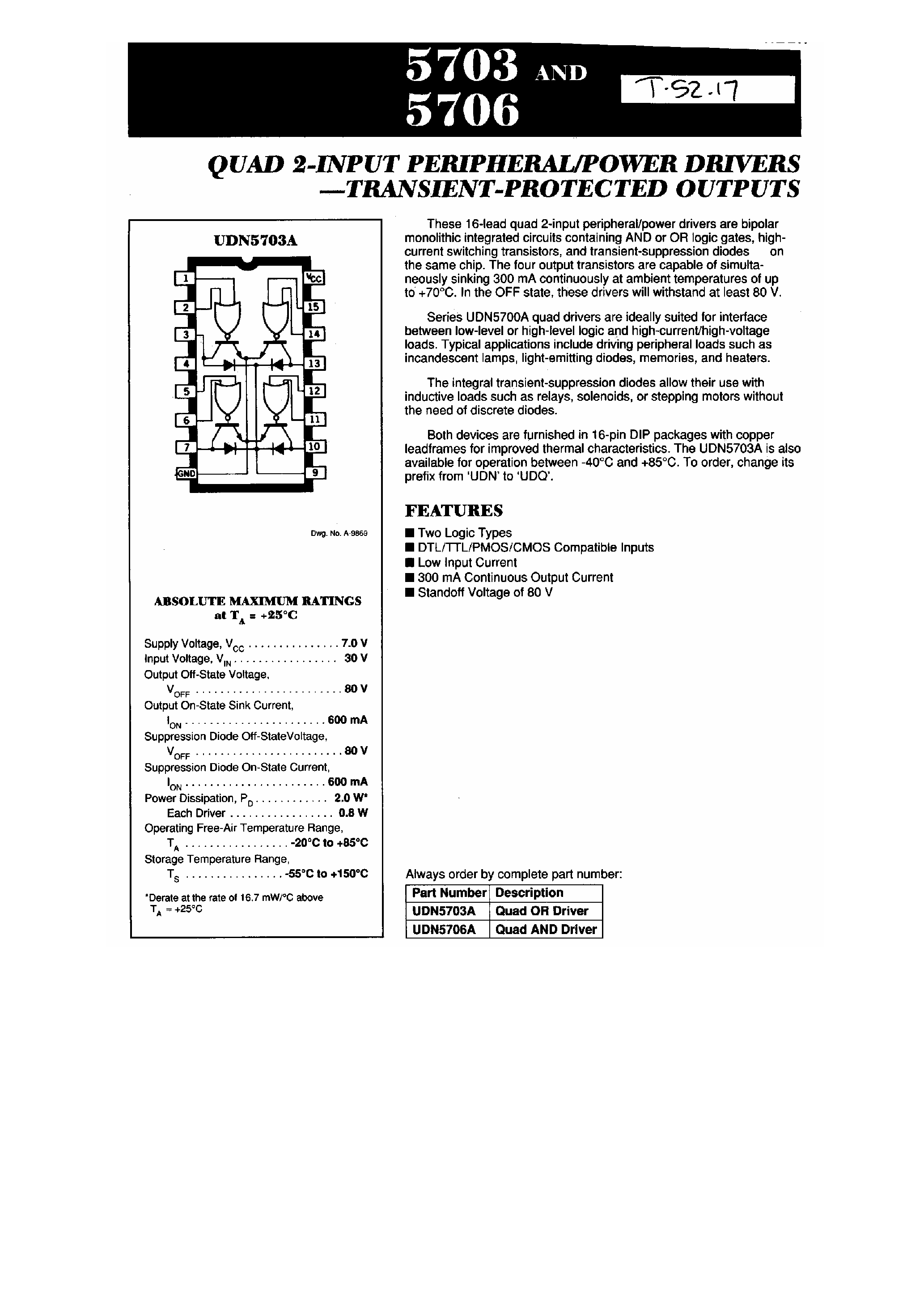 Datasheet UDN5703 - Quad 2 Input Peripheral / Power Drivers page 1