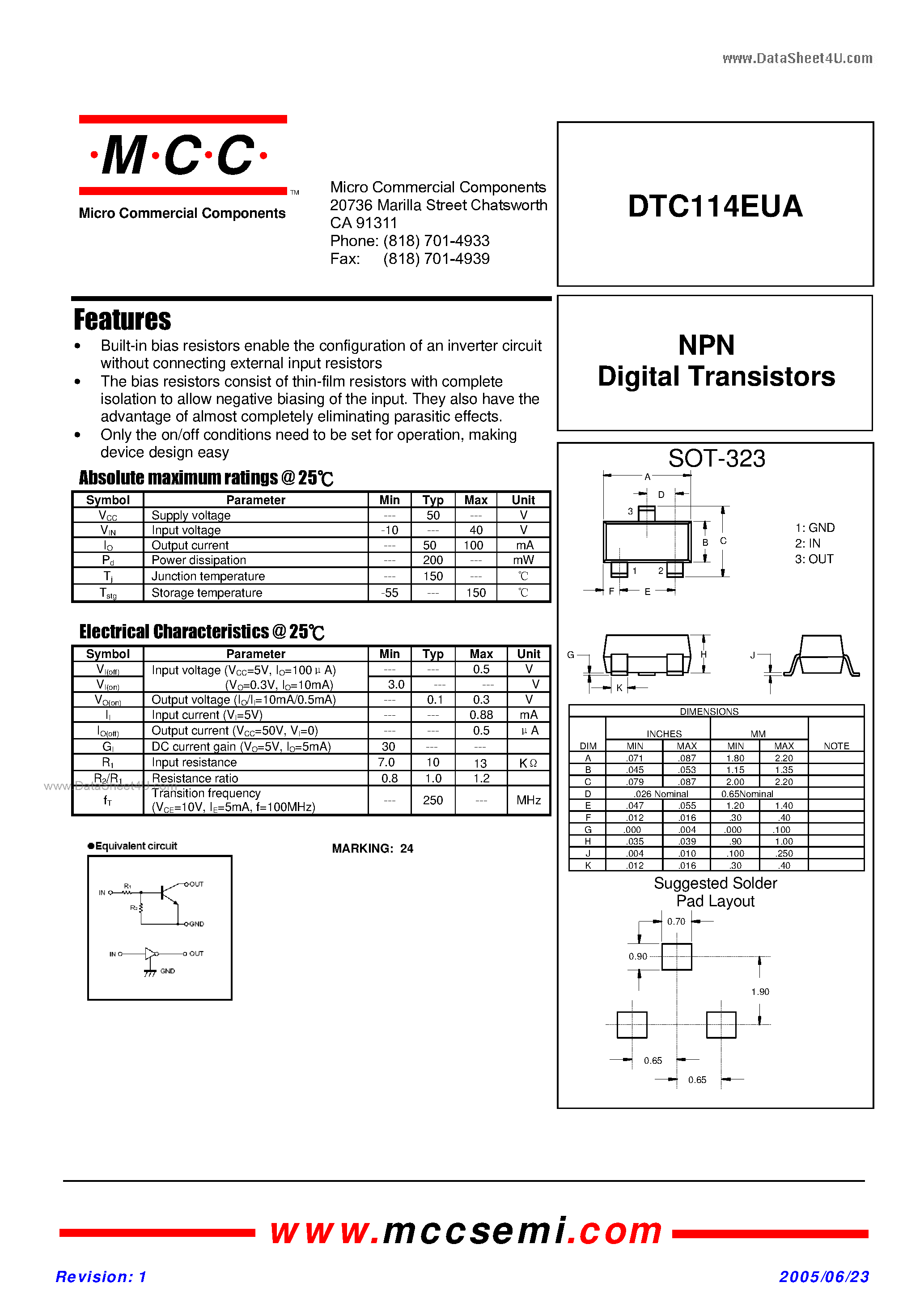 Datasheet DTC114EUA page 1 Datasheet DTC114EUA - NPN Digital Transistors page 1