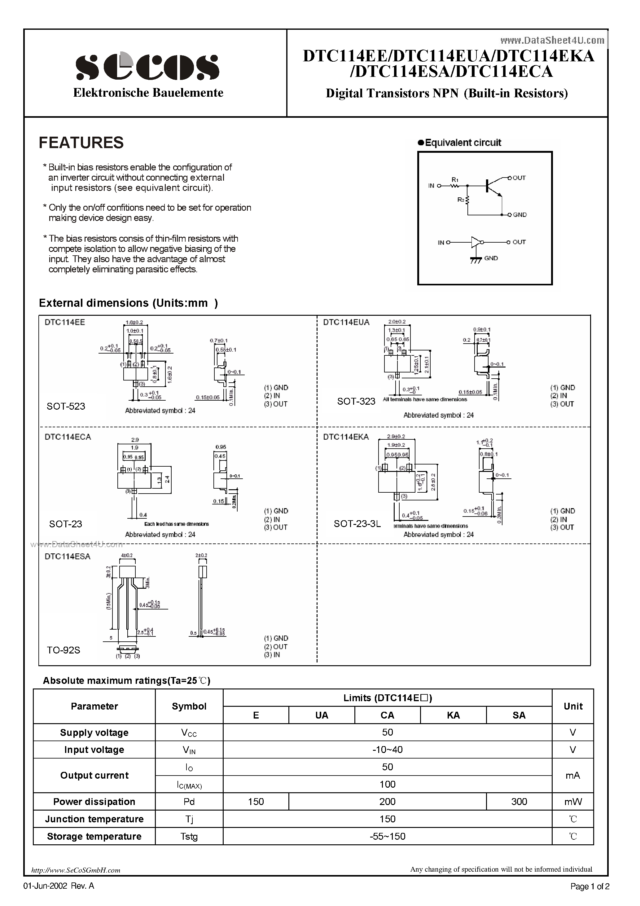 Datasheet DTC114ECA page 1 Datasheet DTC114ECA - Digital Transistors NPN page 1