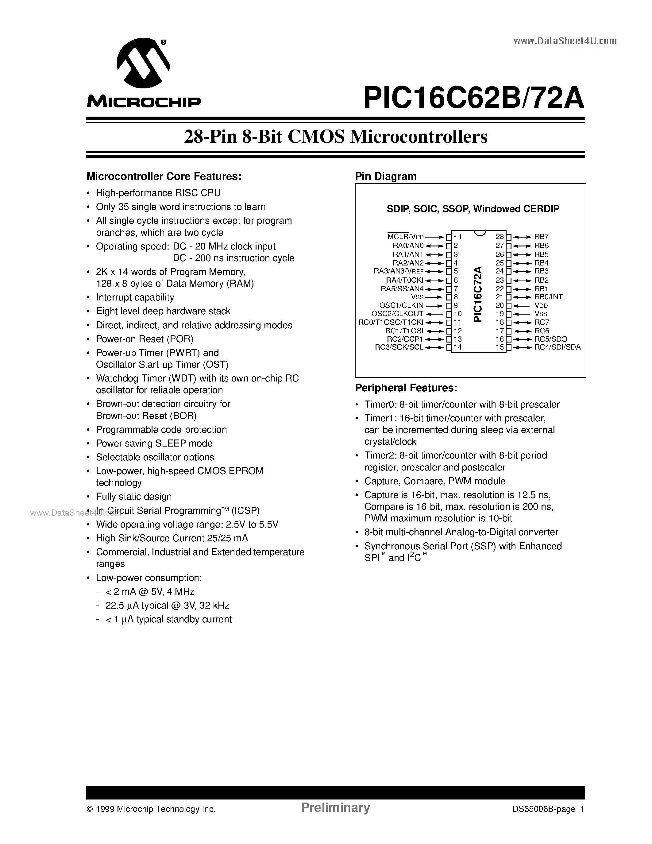 Даташит PIC16LC62B - 28-Pin 8-Bit CMOS Microcontrollers страница 1