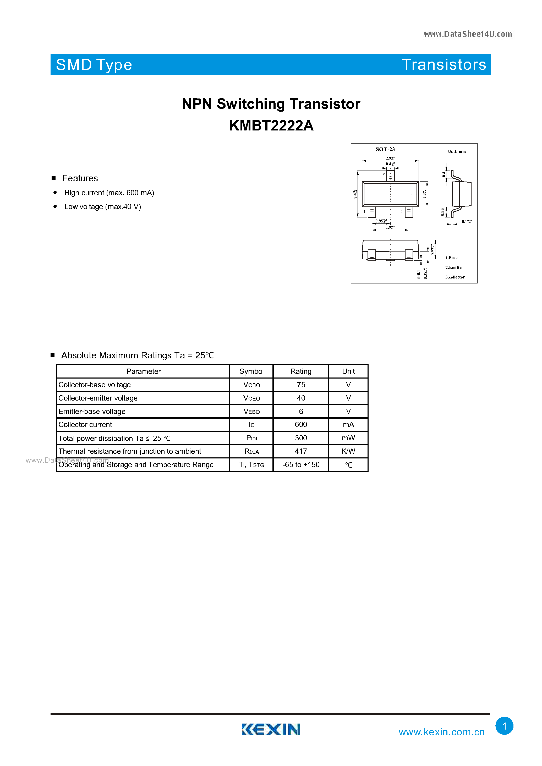 Datasheet KMBT2222A page 1 Datasheet KMBT2222A - NPN Switching Transistor page 1