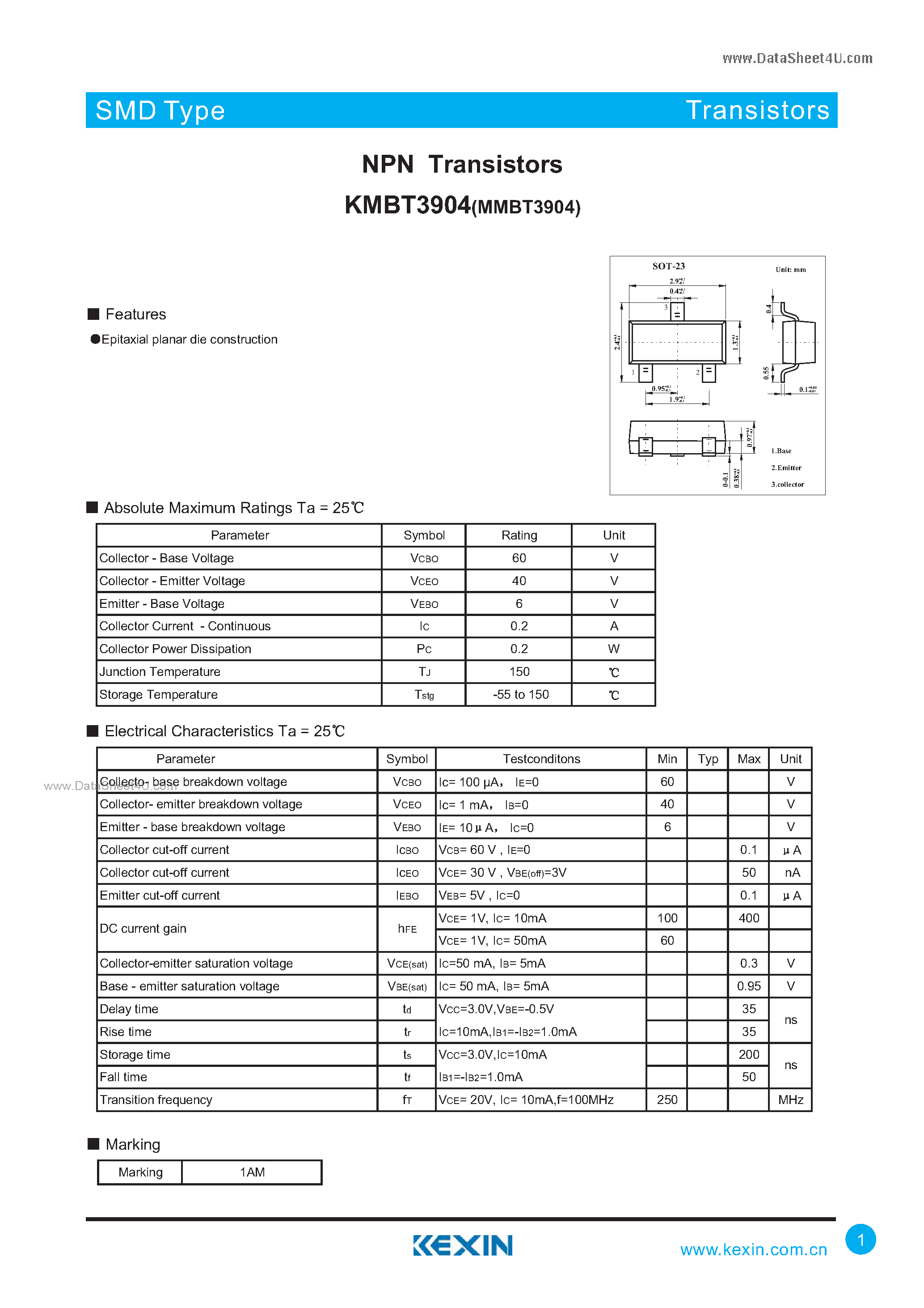 Даташит на микросхему KMBT3904 страница 1 Даташит KMBT3904 - NPN Transistors страница 1