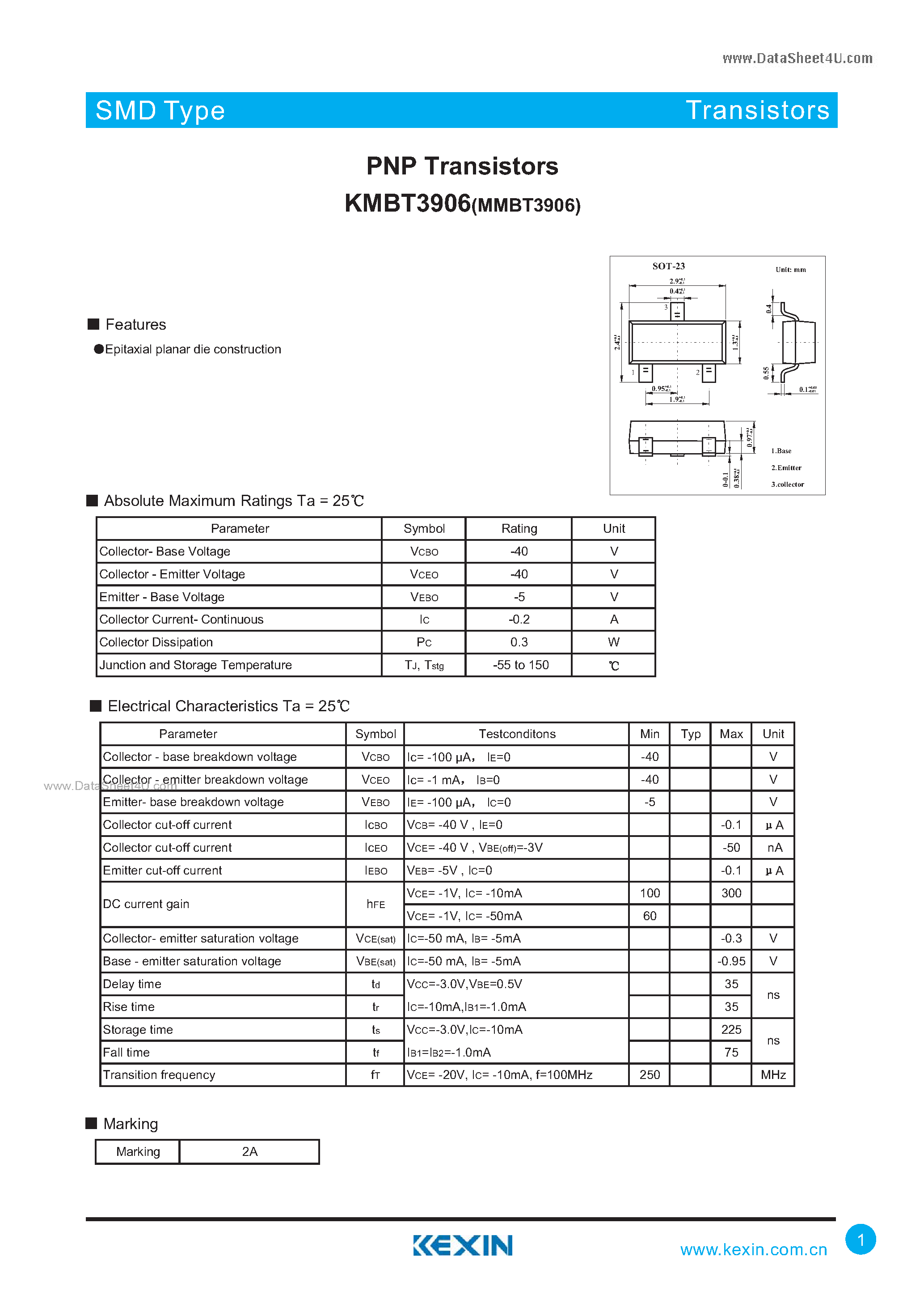 Даташит на микросхему KMBT3906 страница 1 Даташит KMBT3906 - PNP Transistors страница 1