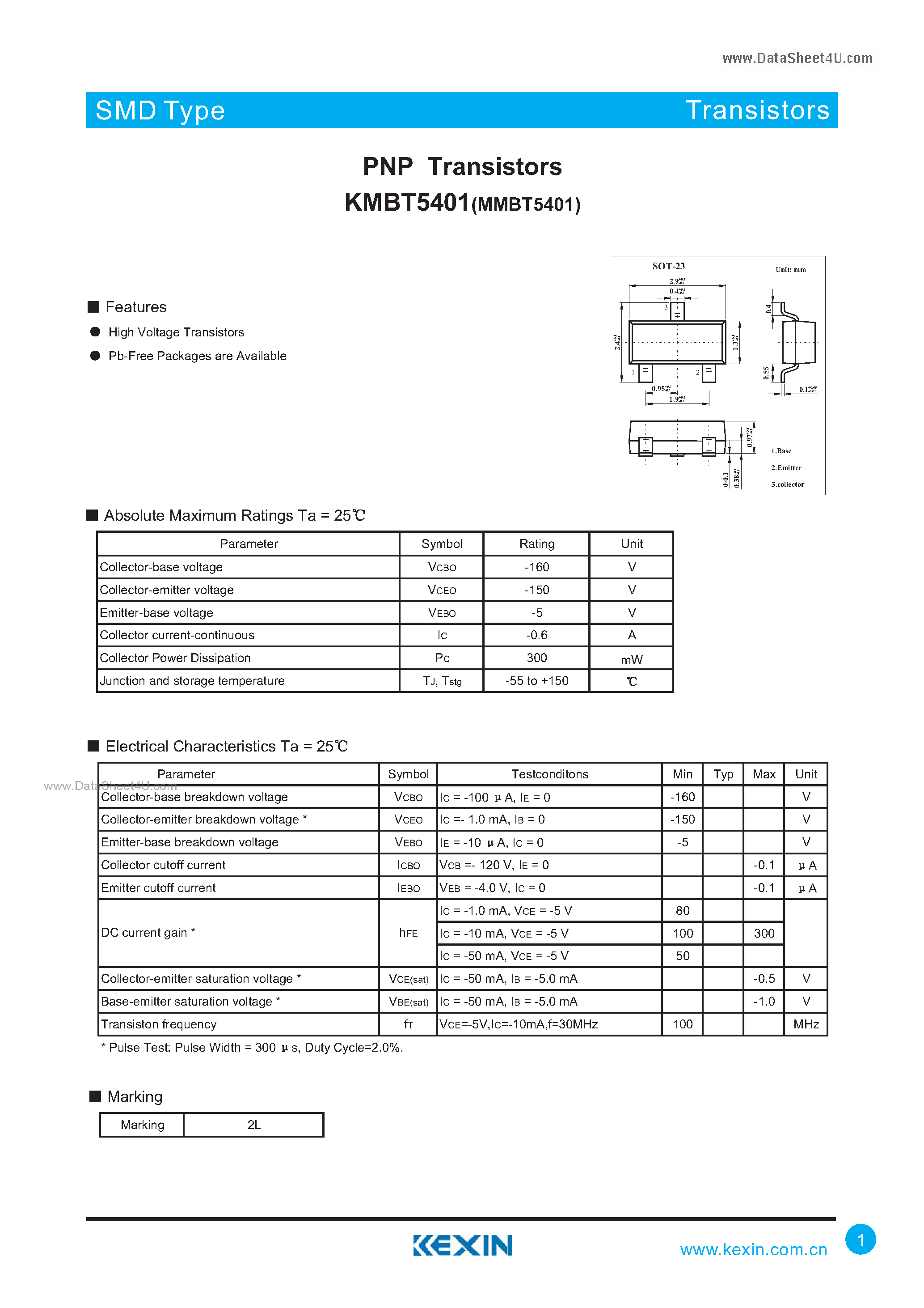 Даташит на микросхему KMBT5401 страница 1 Даташит KMBT5401 - PNP Transistors страница 1